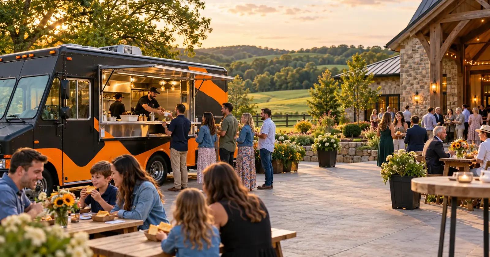 Food truck catering at a scenic stone barn venue in Chester County, Pennsylvania
