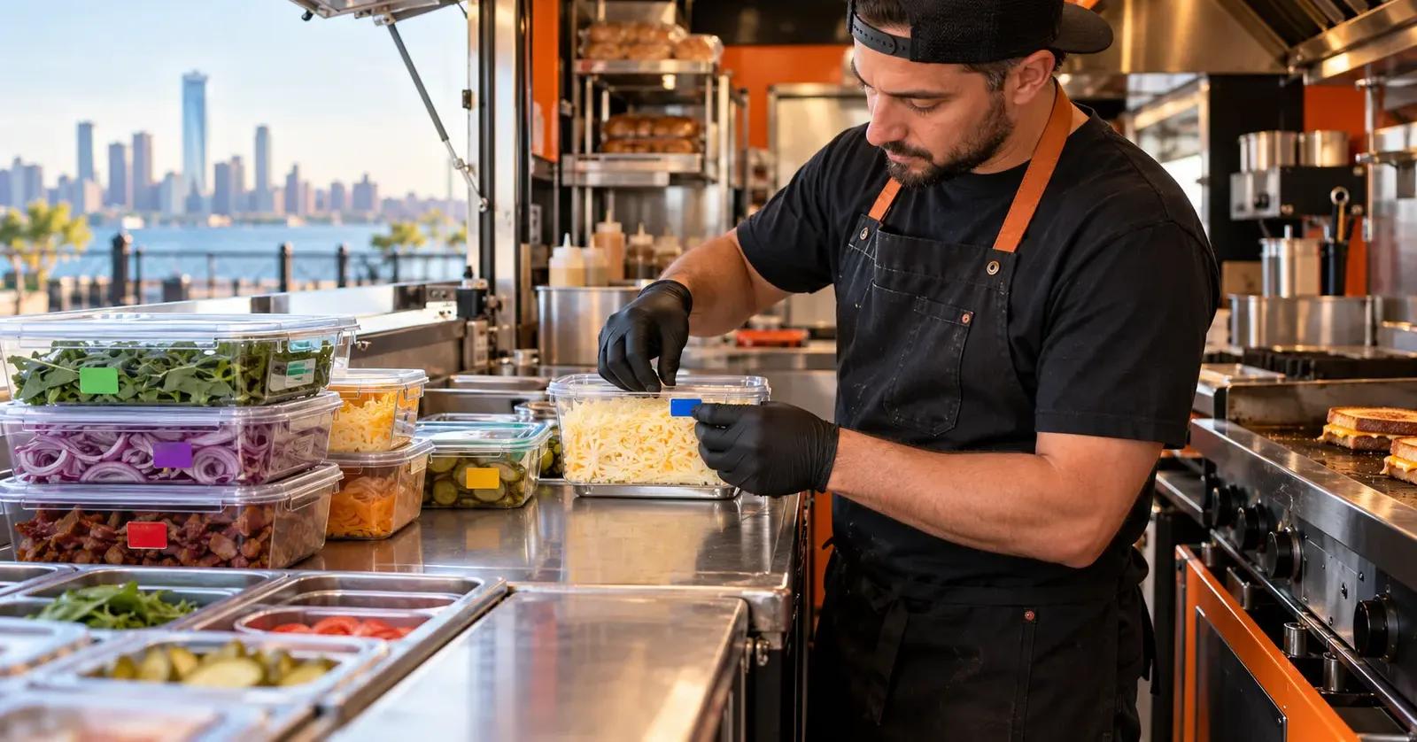 Food truck prep cook applying a date label to a covered ingredient container