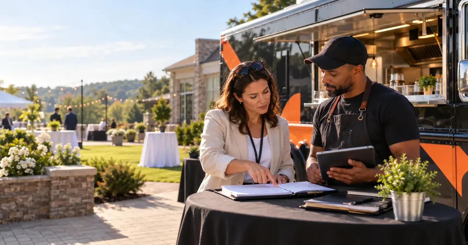 Event organizer and food truck operator reviewing a catering agreement beside a black-and-orange food truck