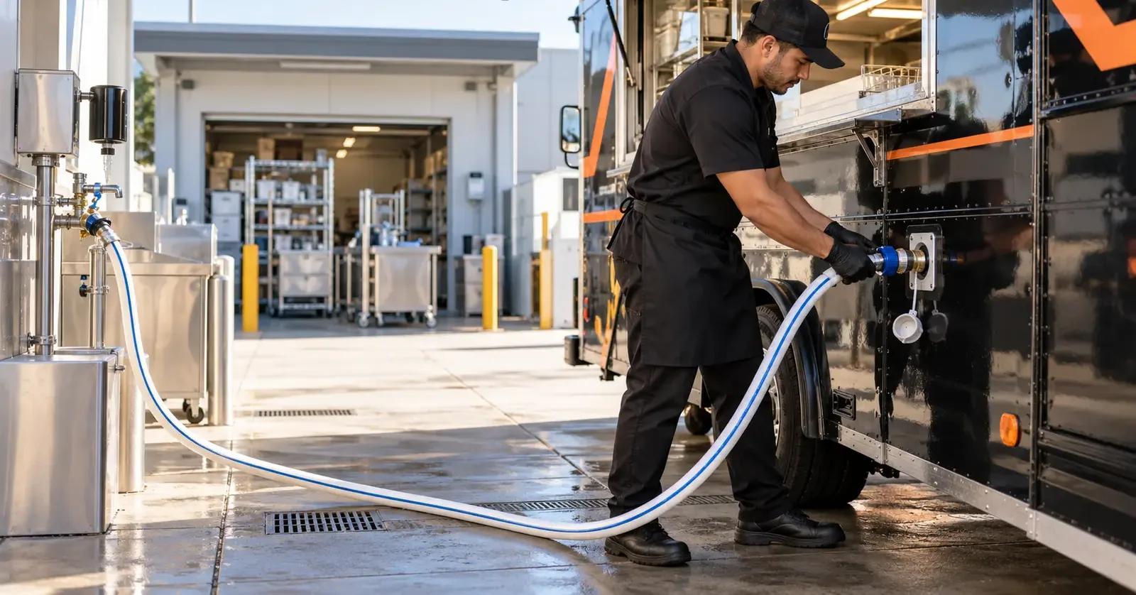 Food truck operator filling the potable-water tank with a dedicated food-grade hose at a commissary