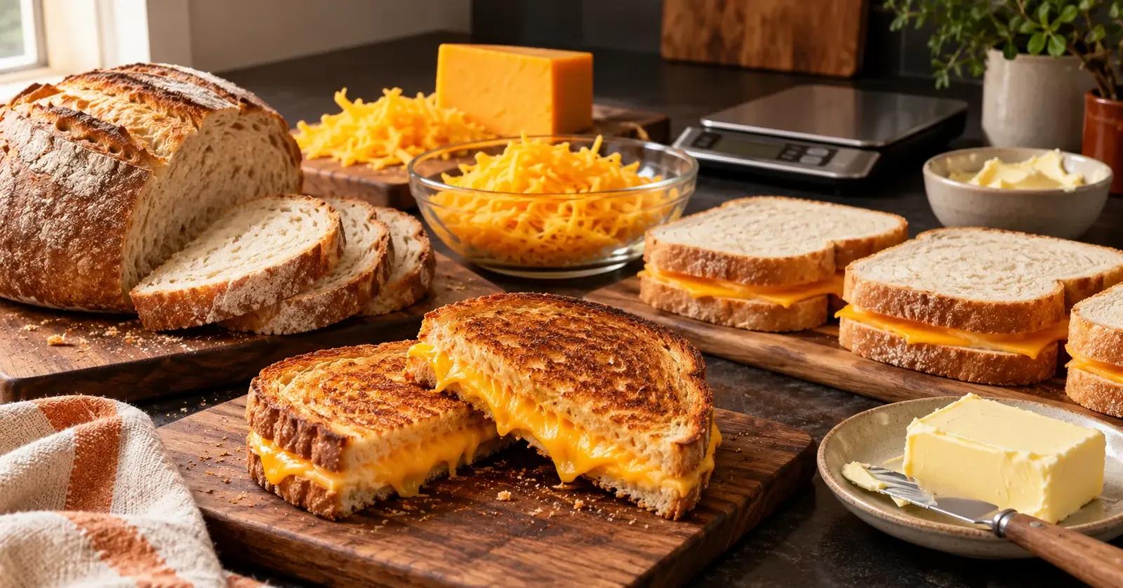 Bread, grated cheese, butter, and a kitchen scale arranged for a batch of grilled cheese sandwiches