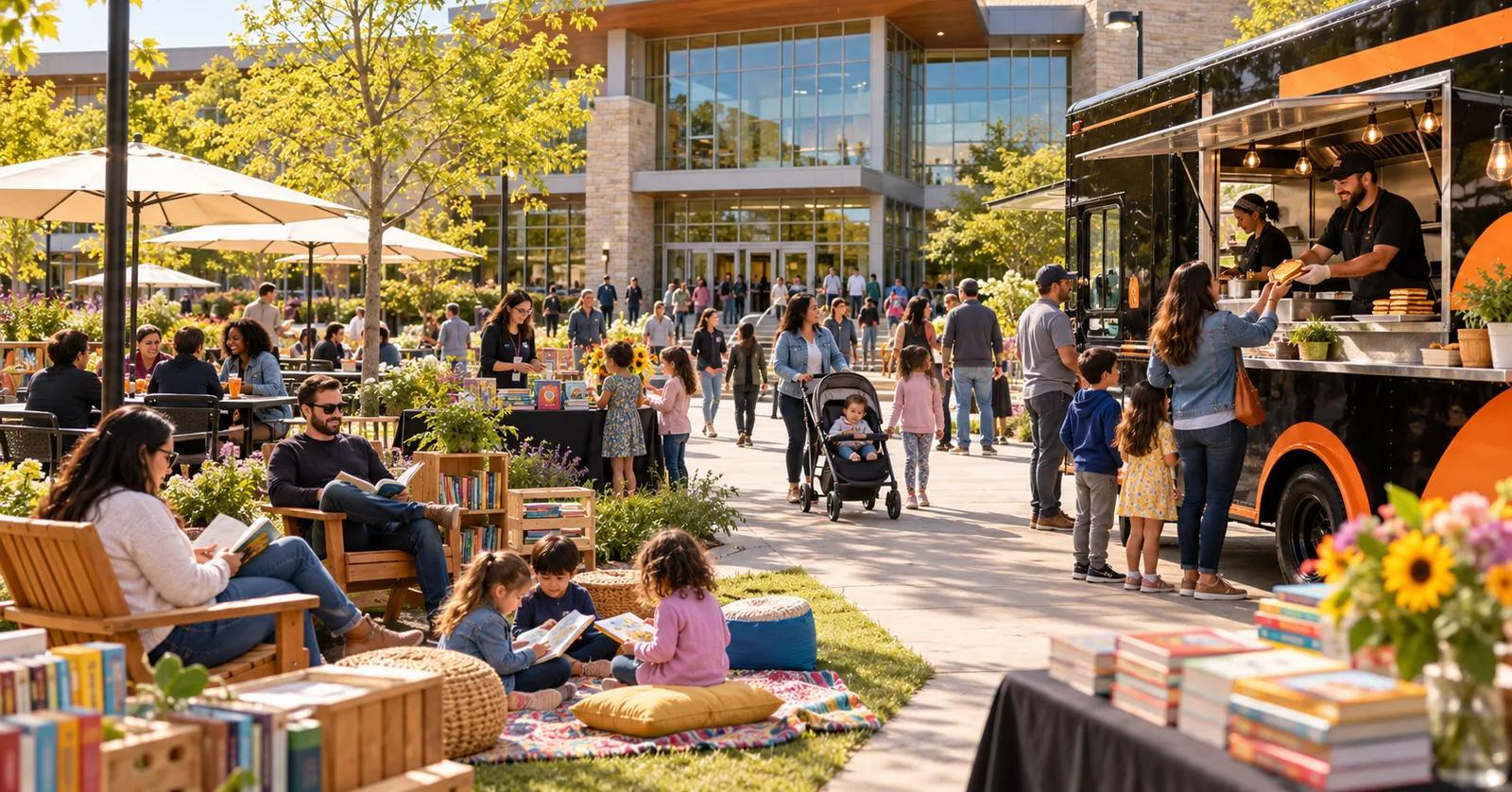 Families and readers visiting a food truck during an outdoor library book festival
