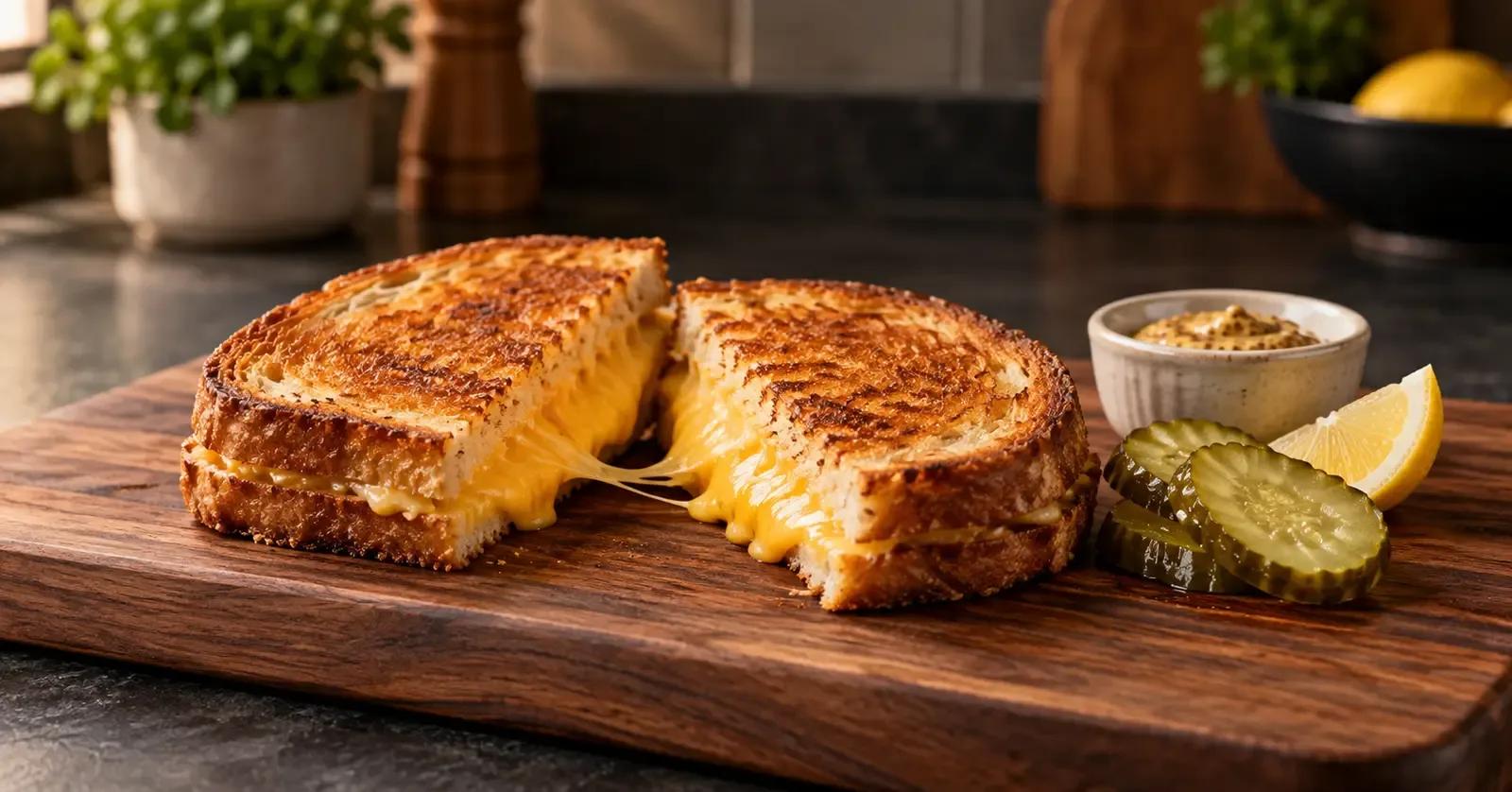 Golden grilled cheese with Dijon mustard, pickle slices, and a lemon wedge for flavor balancing