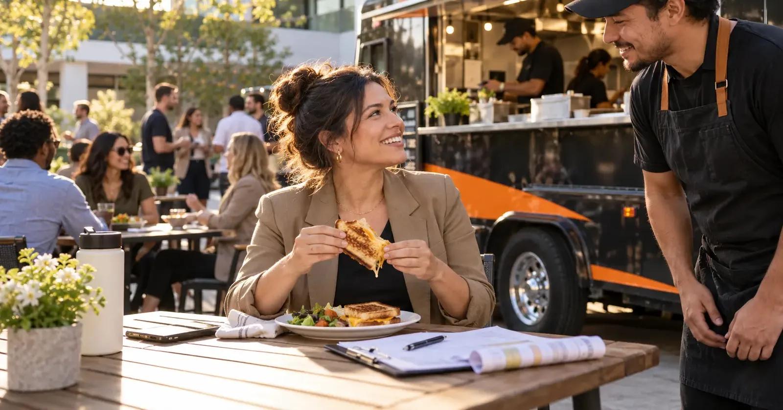 An event host finally enjoying a hot grilled cheese meal after guests have been served