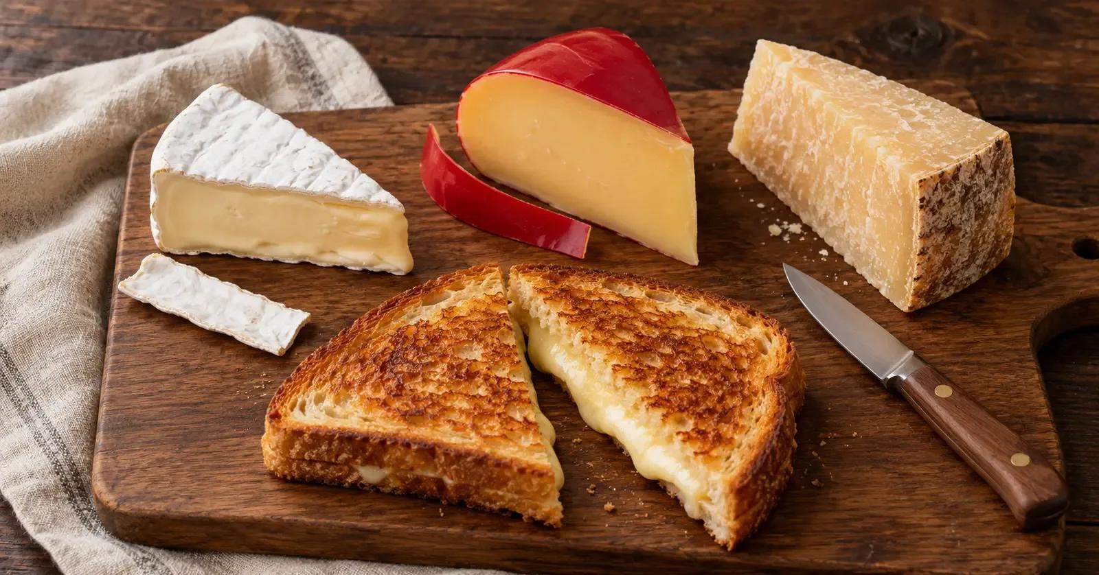 Brie, wax-coated Gouda and Parmesan beside a grilled cheese sandwich with their different rinds visible