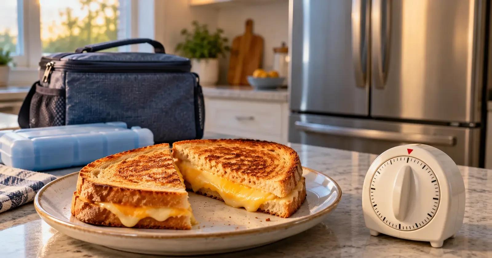 Grilled cheese sandwich beside a kitchen timer with a refrigerator in the background
