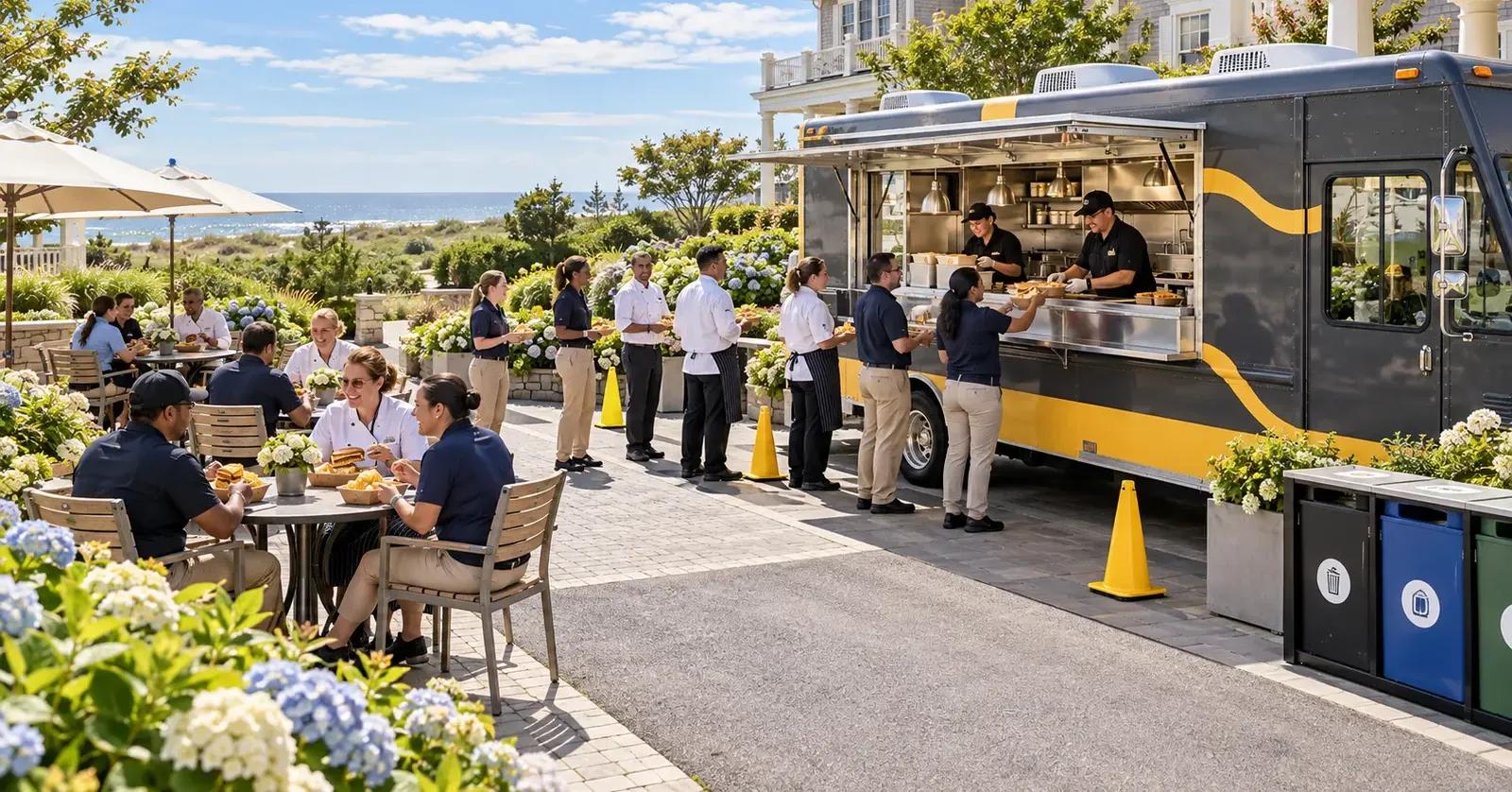 Grilly Cheese food truck serving a hospitality staff lunch at a Cape May County coastal resort