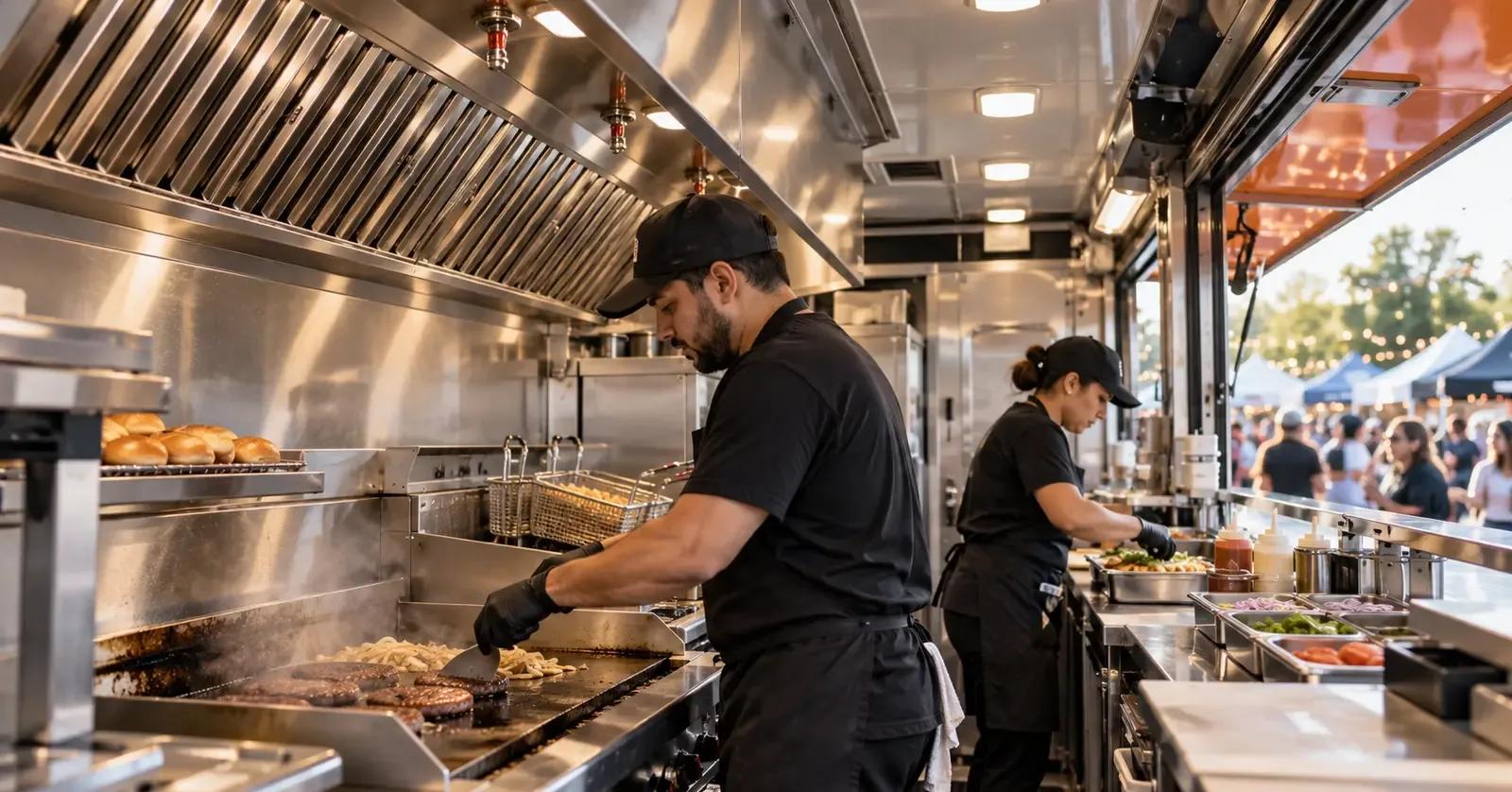 Food truck crew cooking beneath a stainless ventilation hood during event service