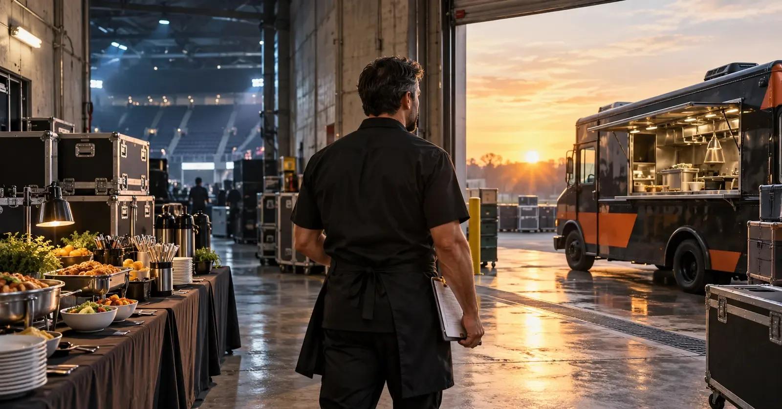 A hospitality professional standing between an arena backstage setup and a food truck at sunrise