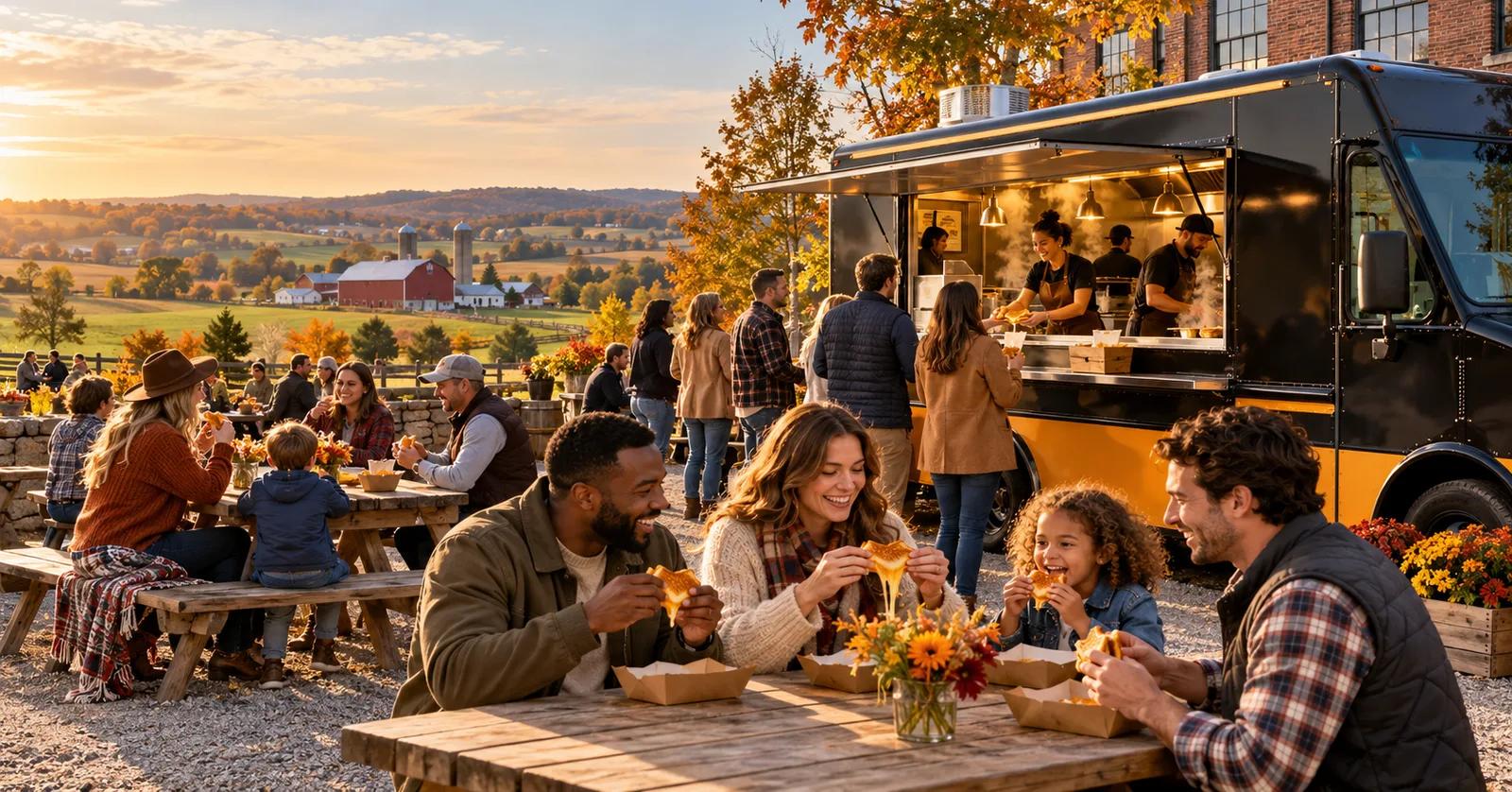 Guests enjoy grilled cheese at an autumn food truck event overlooking Lancaster County farmland and brick buildings