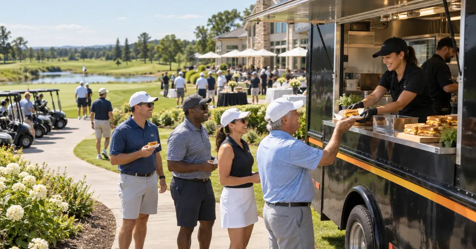 Golf outing guests ordering grilled cheese from a food truck beside a clubhouse lawn