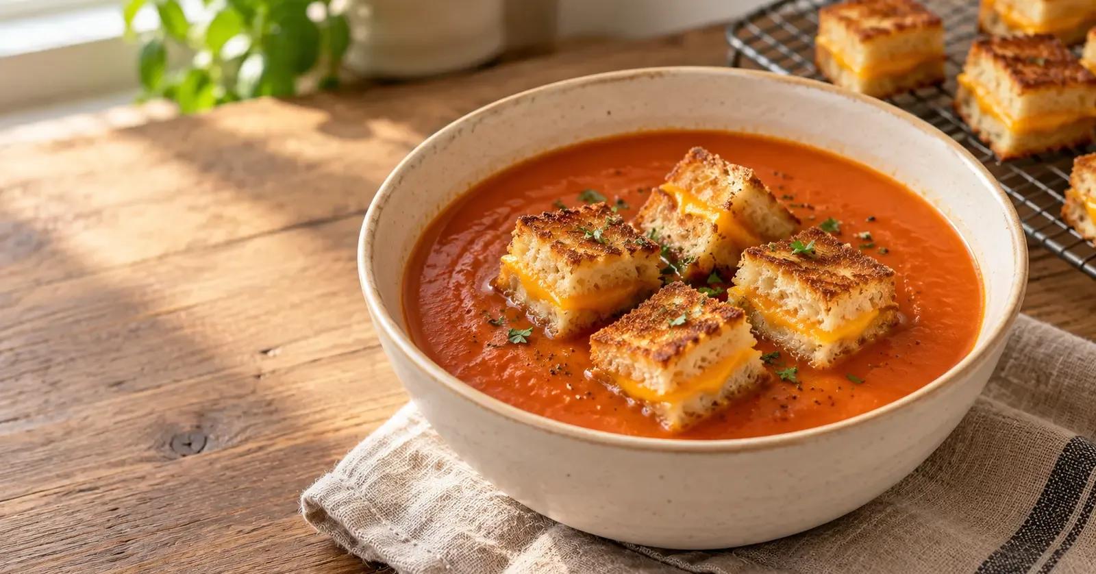 Tomato soup topped with crisp grilled cheese croutons beside a cooling rack