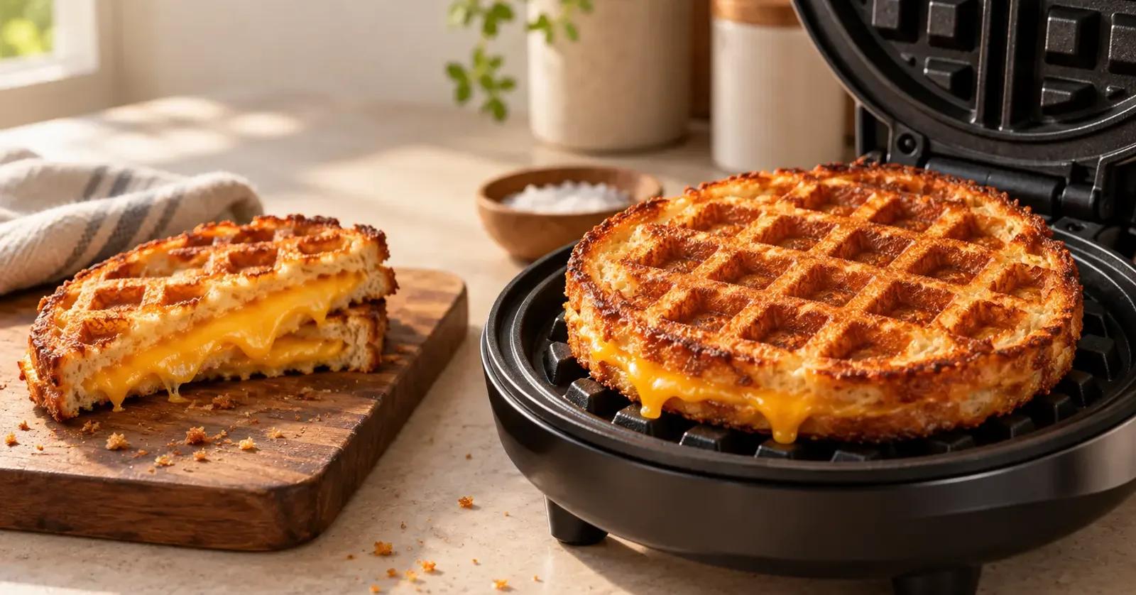 Golden waffle-iron grilled cheese with crisp grid marks and melted cheddar