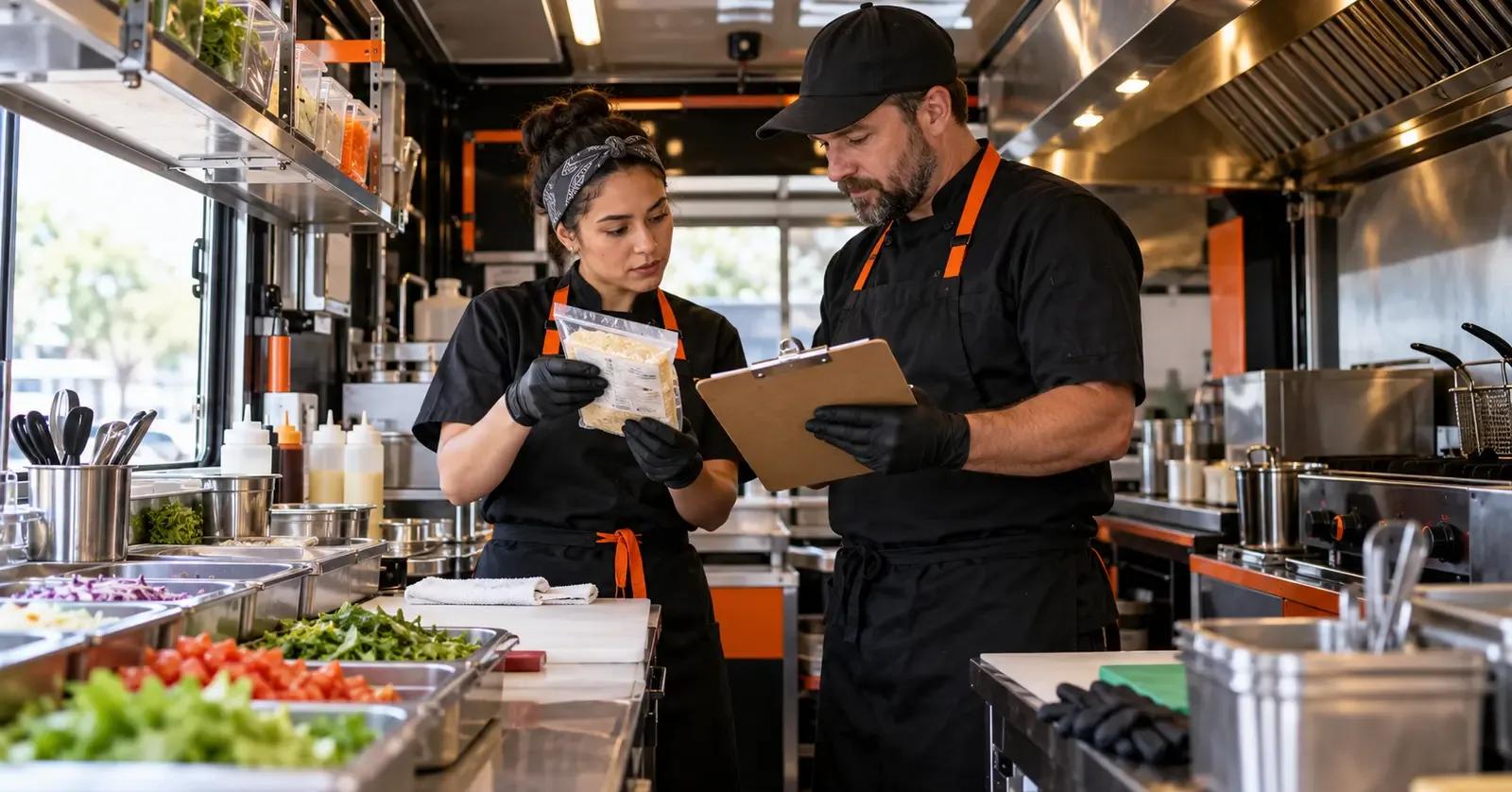 Food truck manager and cook reviewing ingredient labels before service