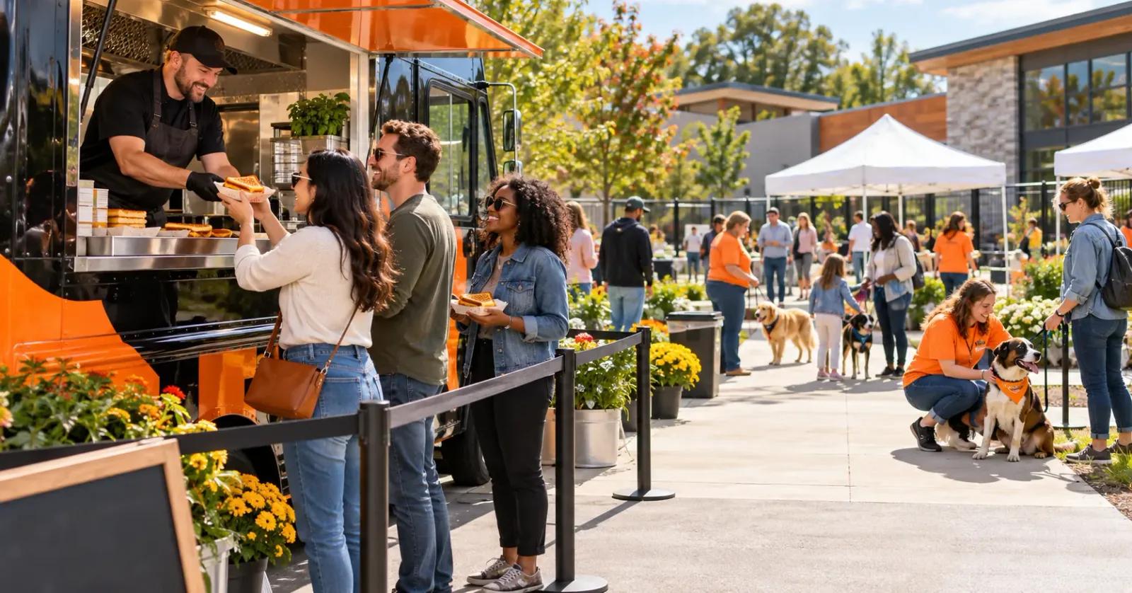 Guests ordering grilled cheese from a food truck at an animal shelter pet adoption fundraiser