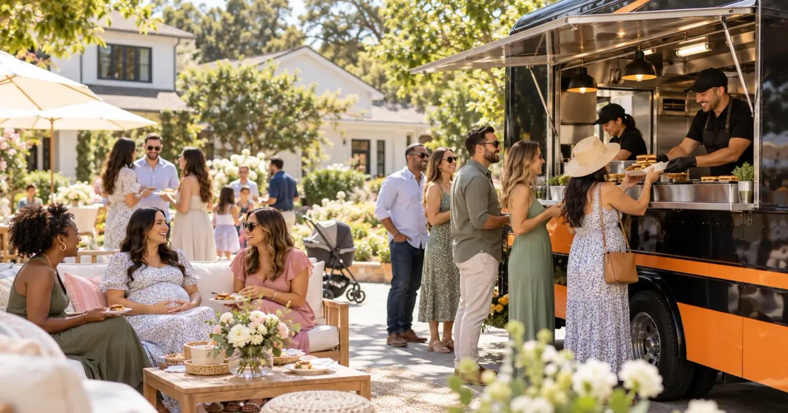 Guests gathering beside a food truck at an outdoor baby shower