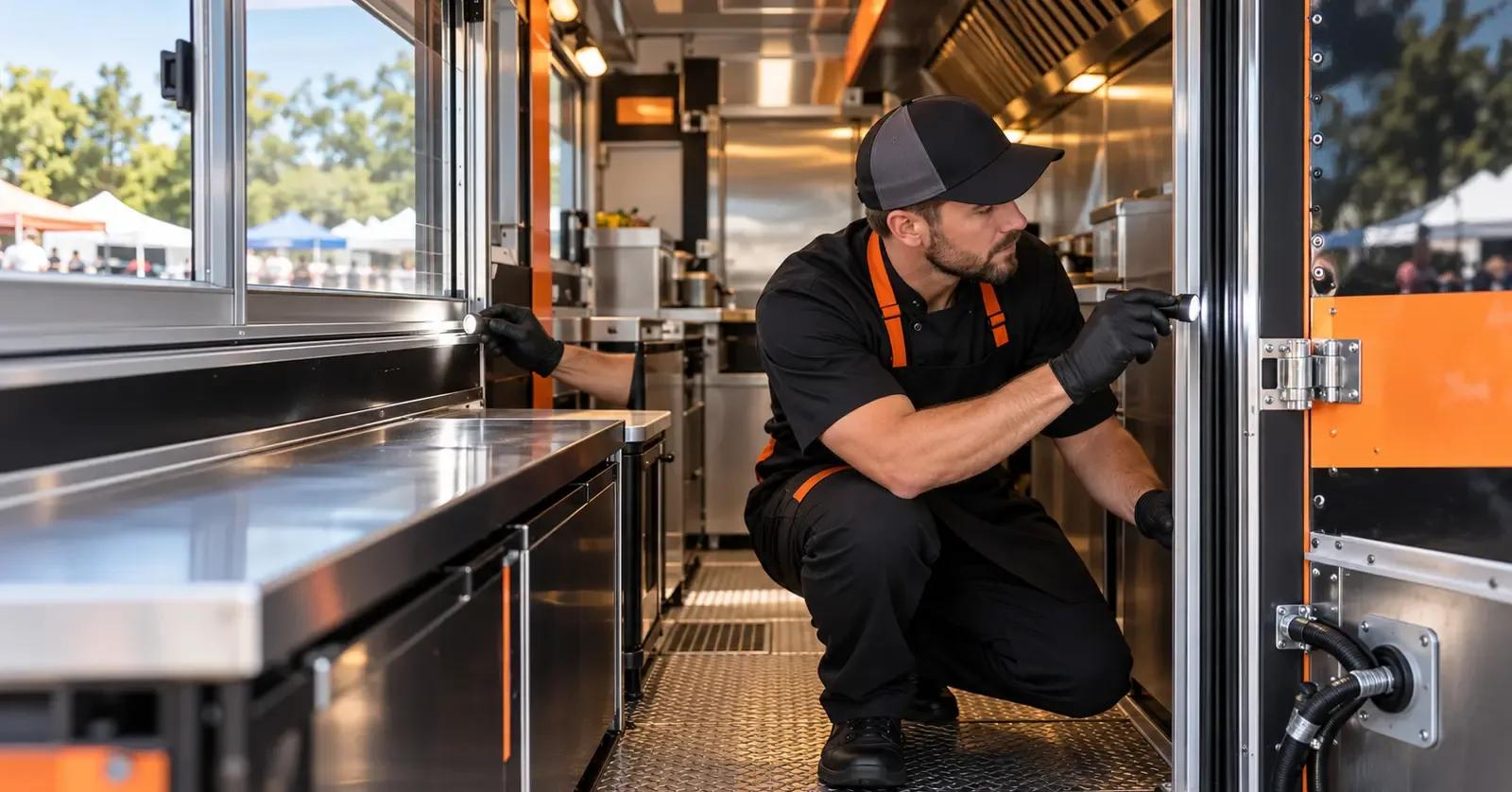 Food truck operator inspecting a clean mobile kitchen for pest entry points before service
