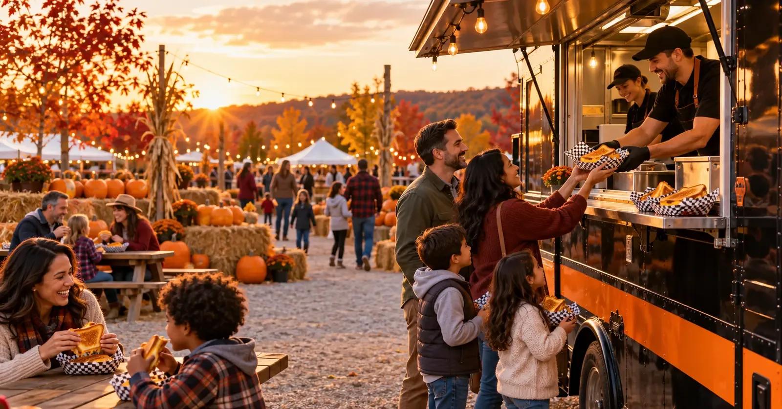 Families ordering grilled cheese from a food truck at a pumpkin patch fall festival
