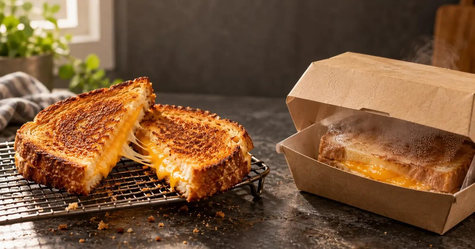 Crispy grilled cheese cooling on a wire rack beside a sandwich softened by trapped steam