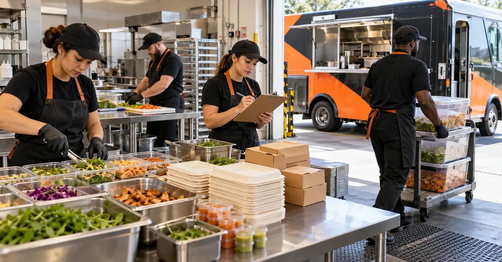 Food truck crew preparing ingredients and packaging at a commissary before loading for an event