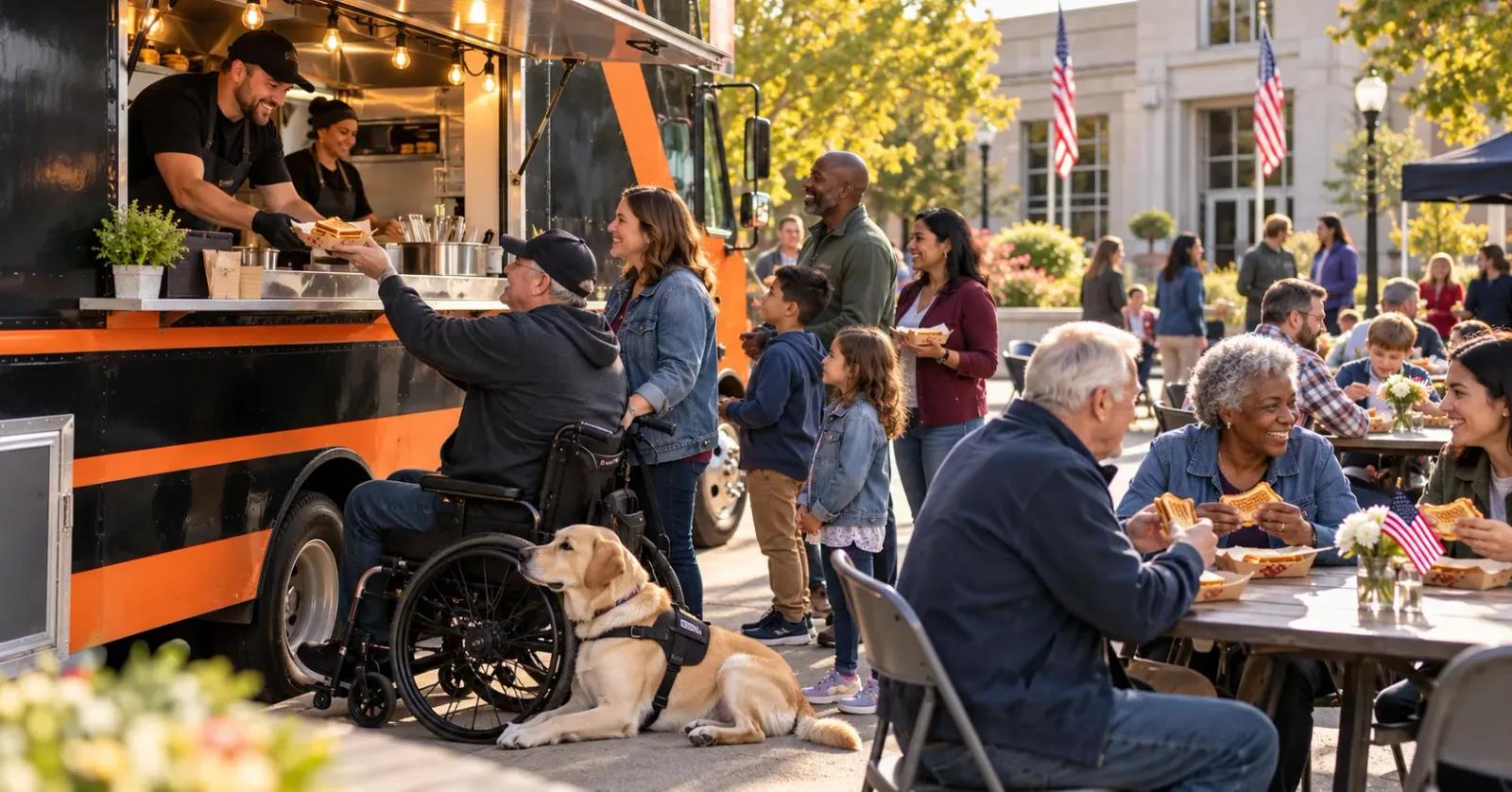 Veterans, military families, and community volunteers gathering beside a food truck at an appreciation event