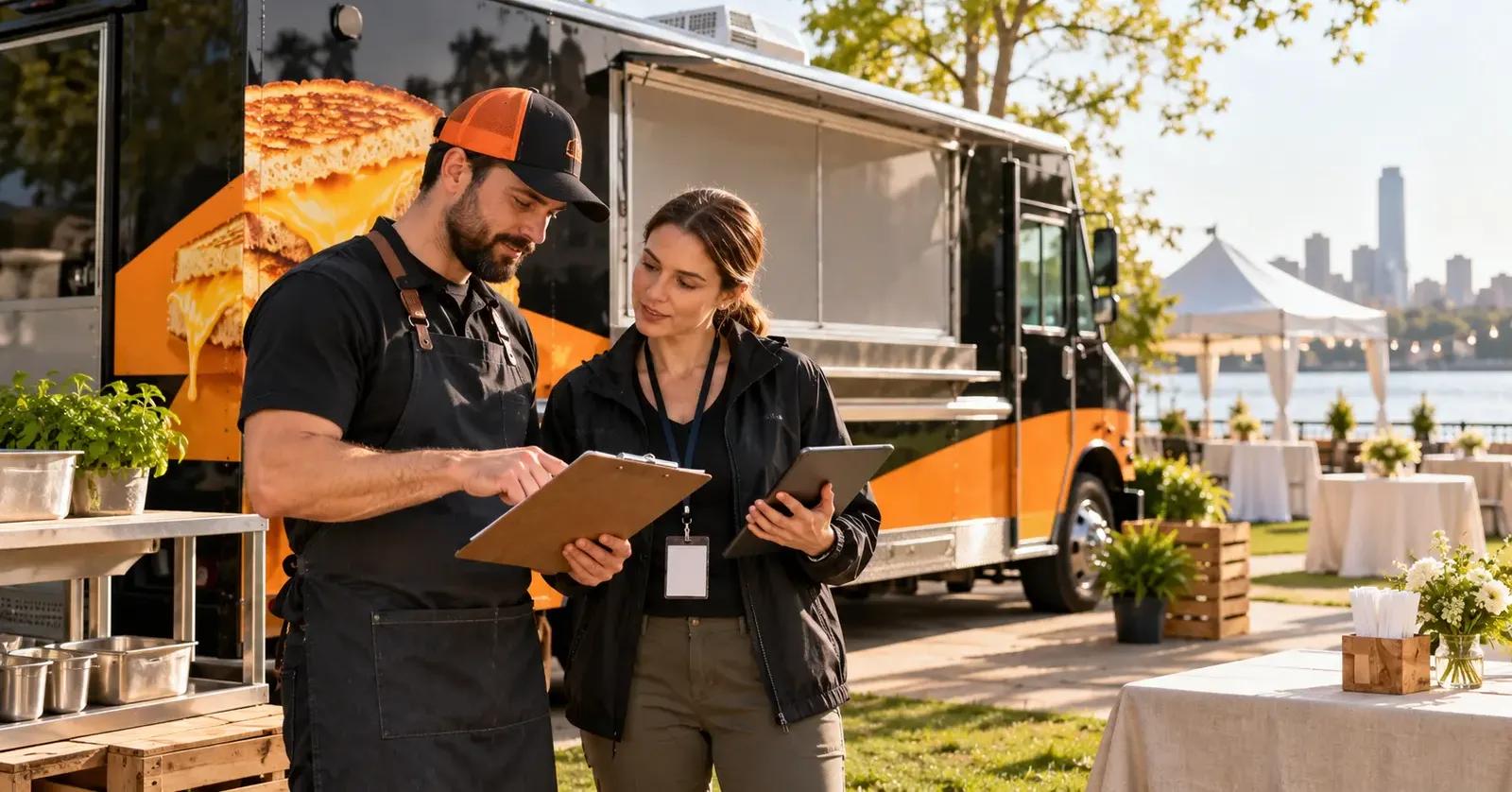 Food truck operator and event organizer reviewing attendance and service plans before guests arrive