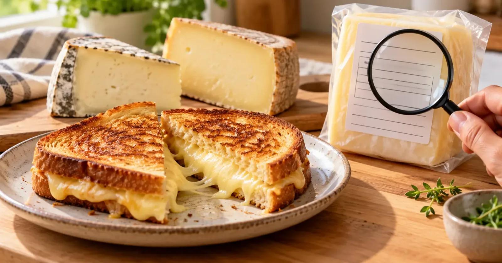 Grilled cheese beside two cheese wedges and a package label being checked for pasteurization