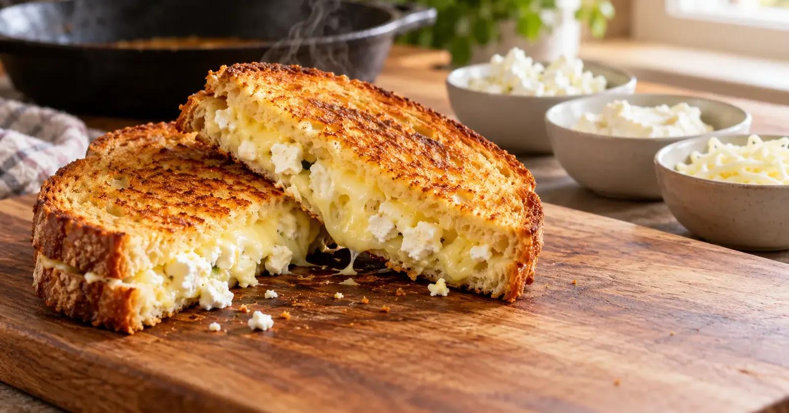 Grilled cheese made with melted cheese and visible white cheese crumbles beside bowls of feta, goat cheese, and mozzarella