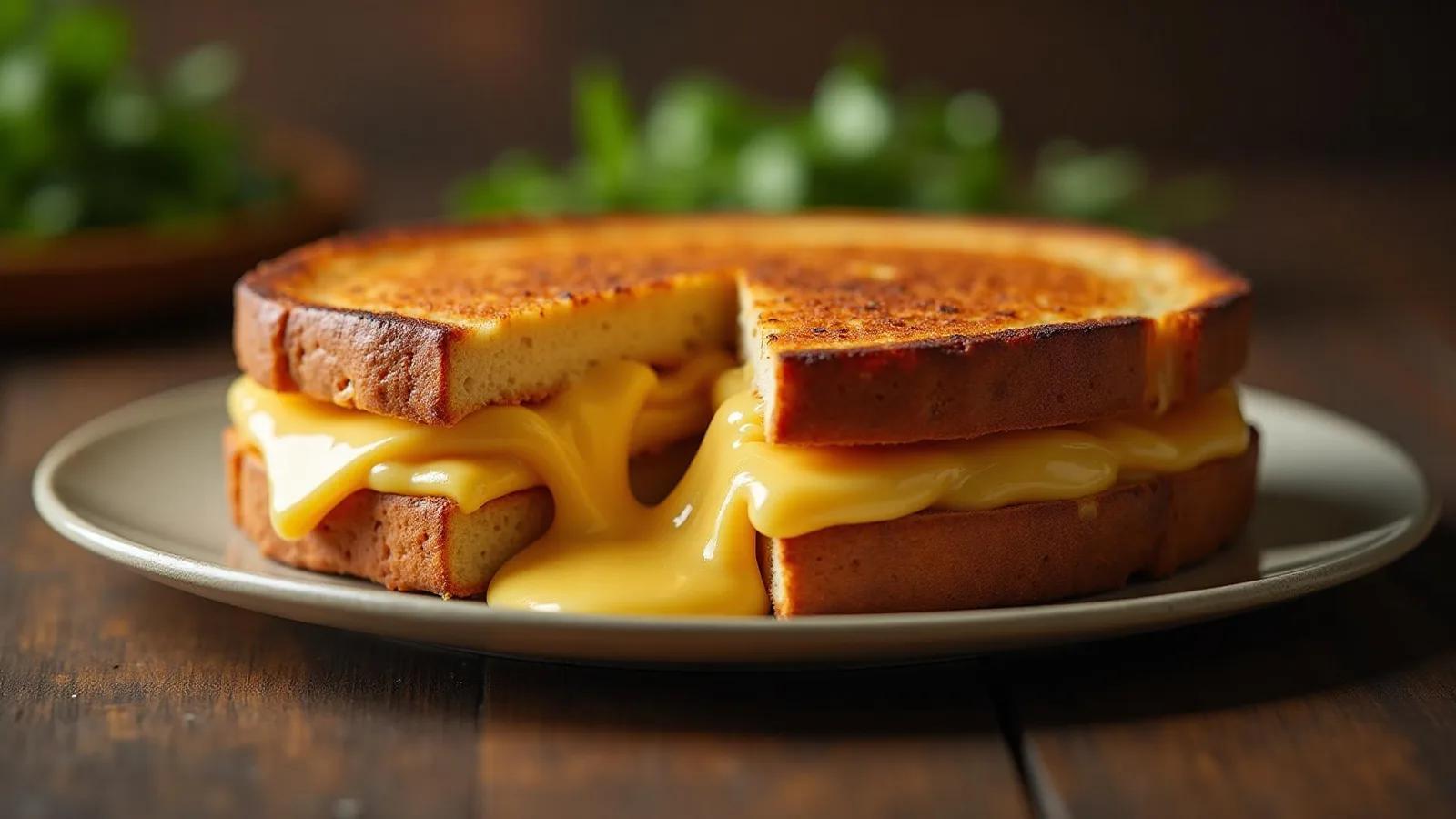 Classic grilled cheese sandwich cut in half with melted cheese pulling from golden, crisp bread