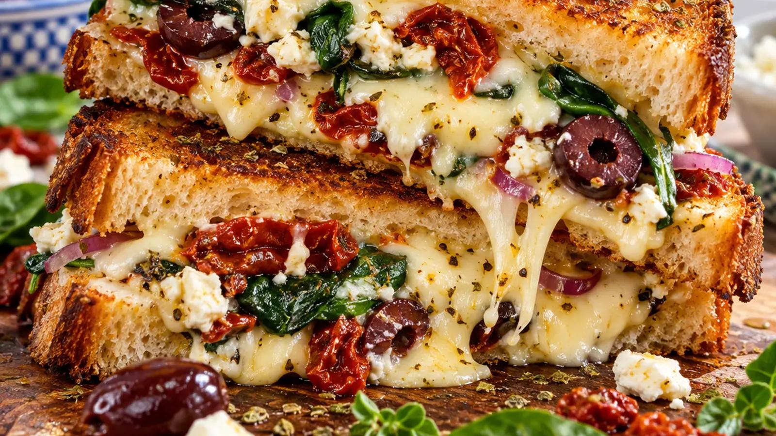 Greek-inspired Mediterranean grilled cheese with melted mozzarella, feta, Kalamata olives, sun-dried tomatoes, spinach, red onion, and oregano