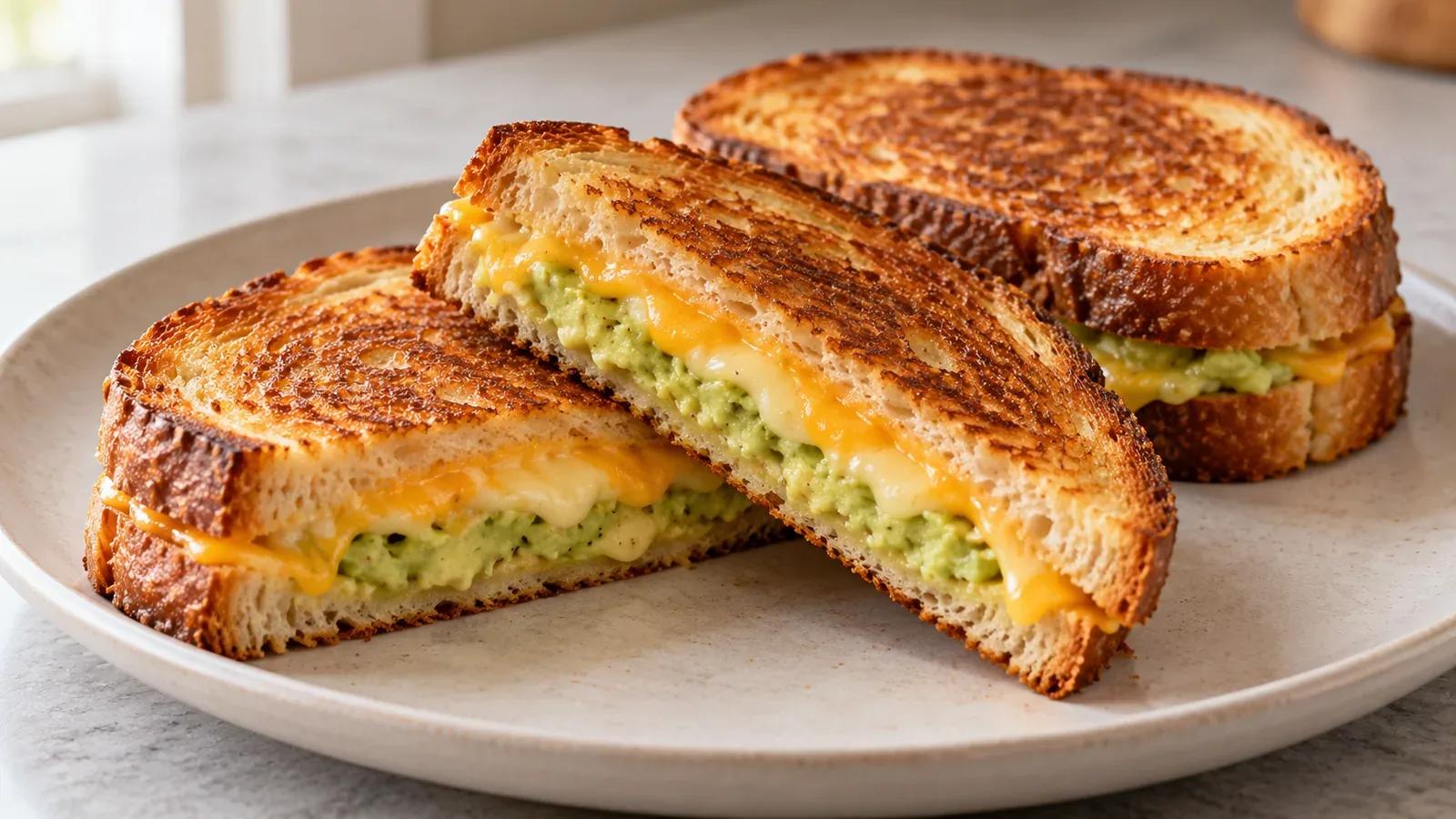 Avocado grilled cheese with a pale green avocado layer and melted cheddar and Monterey Jack on golden sourdough.