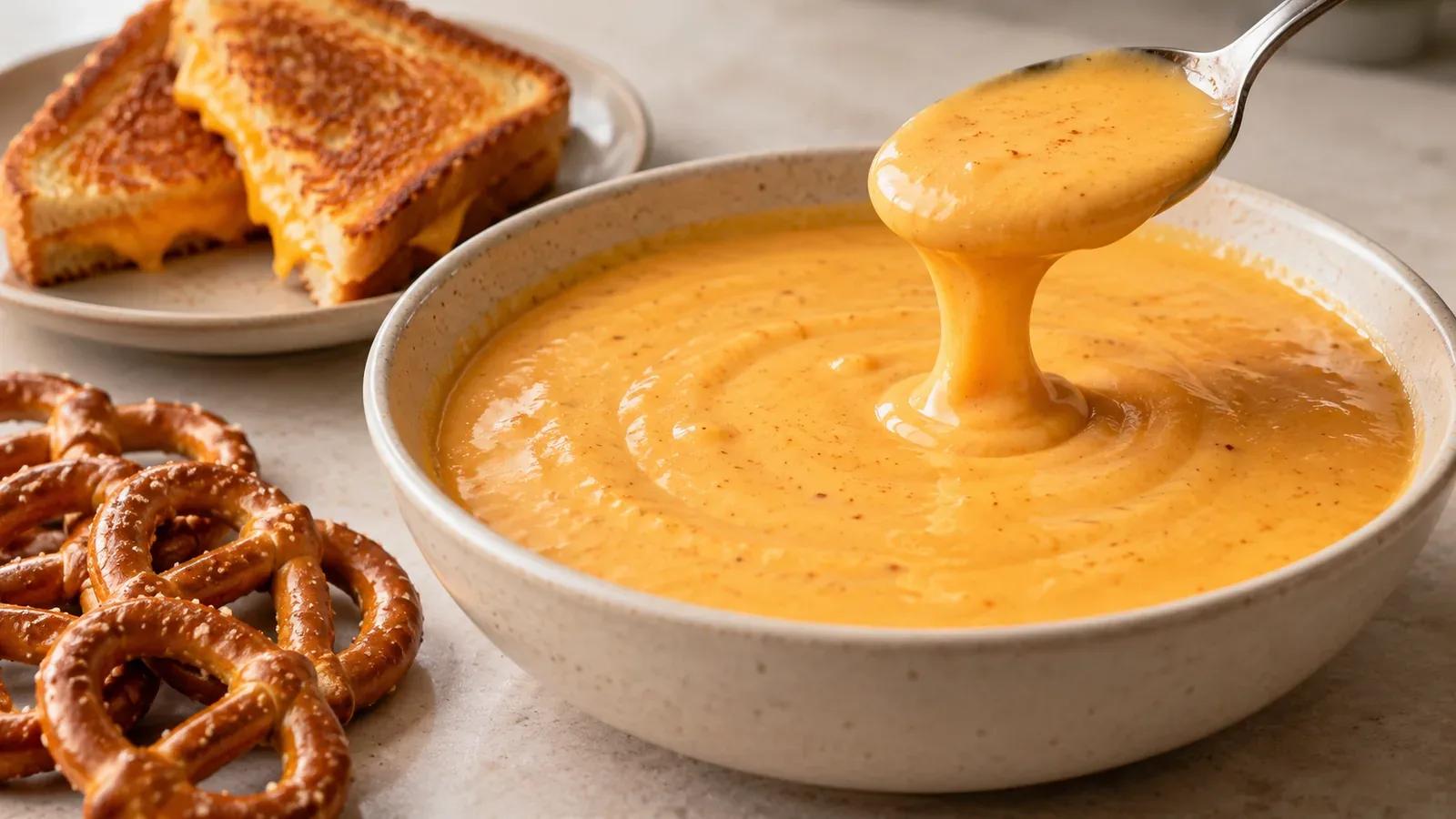 Beer cheese dip with sharp cheddar in a ceramic bowl, served with grilled cheese triangles and pretzels.