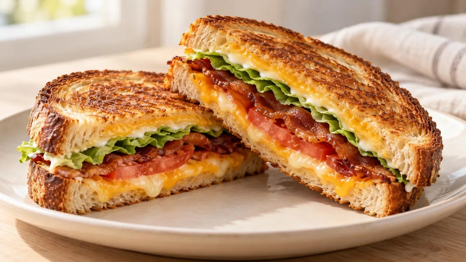 BLT grilled cheese cut to show crisp bacon, melted cheese, red tomato, and fresh romaine.