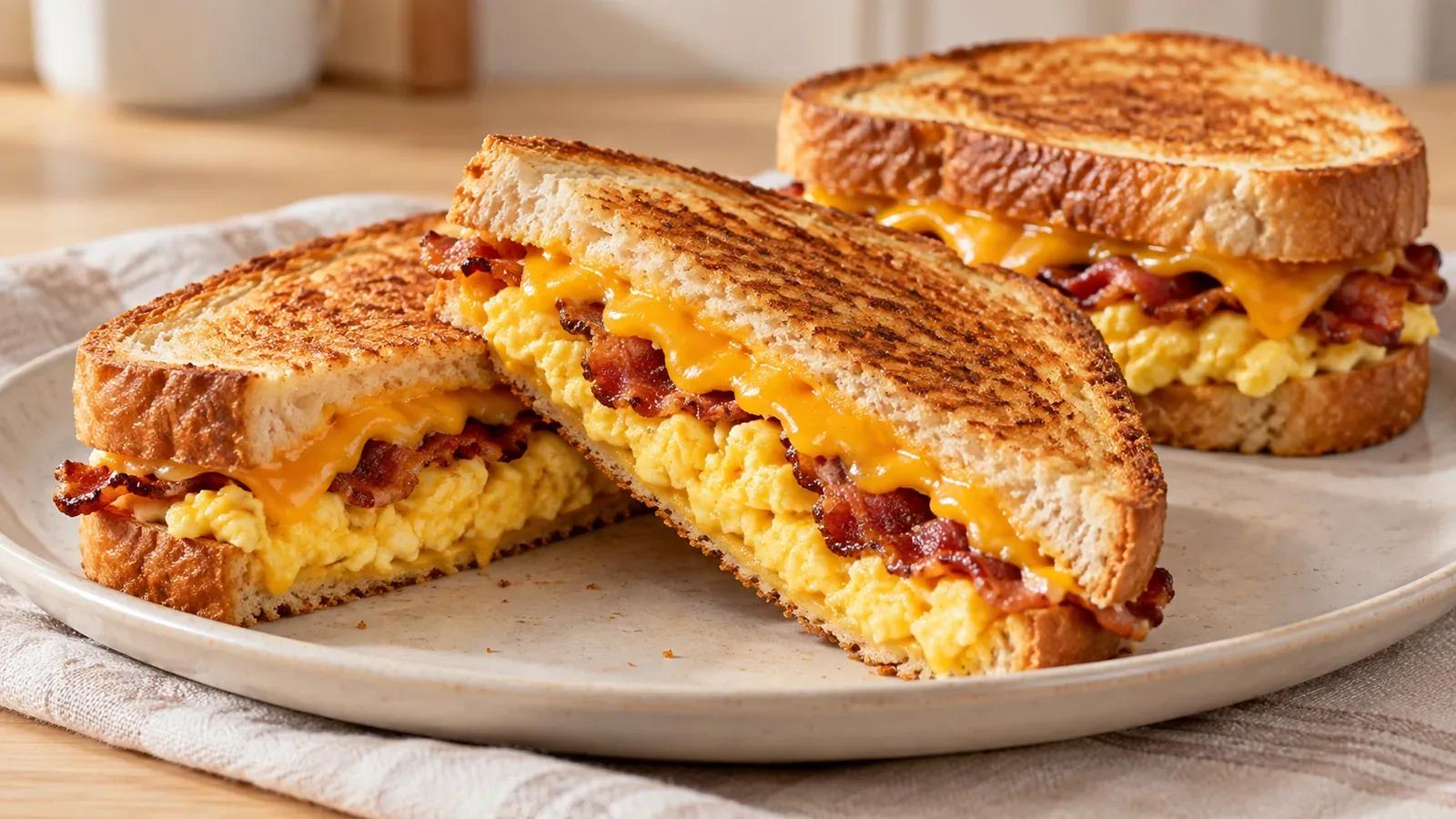 Breakfast grilled cheese cut in half to show scrambled eggs, bacon, and melted cheddar.