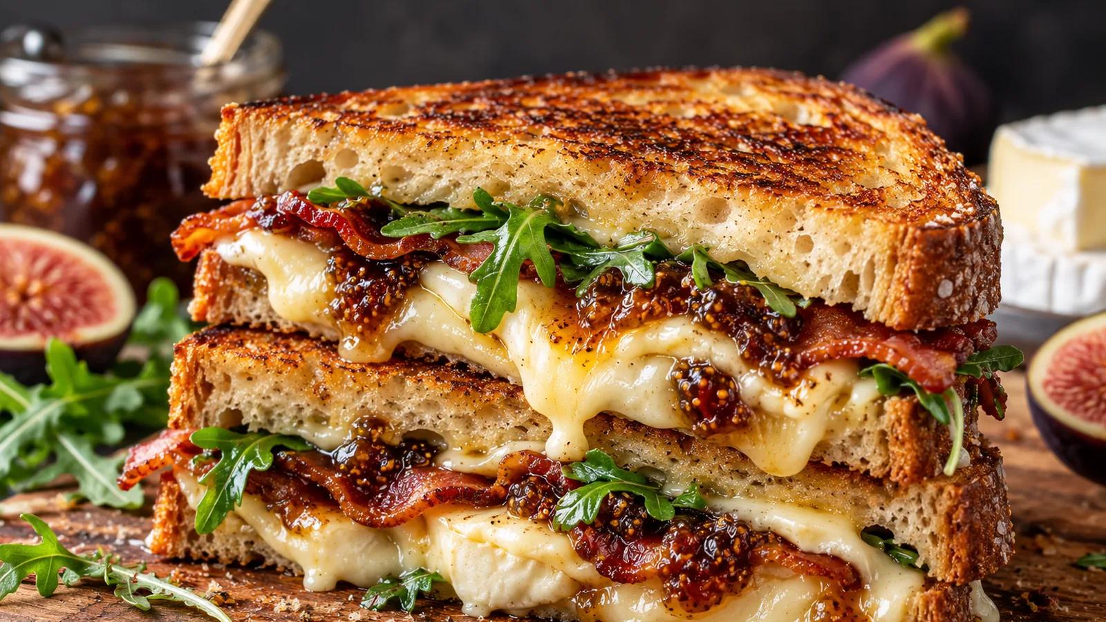 A stacked Brie and fig grilled cheese with crisp bacon, arugula and melted cheese on golden sourdough.