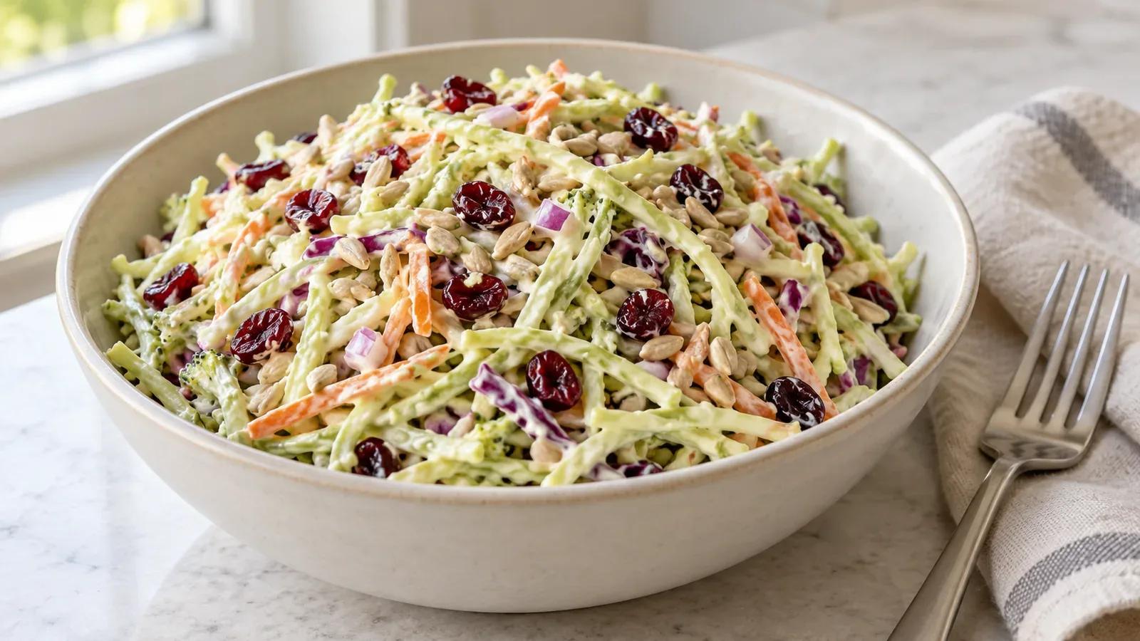 Broccoli slaw with creamy dressing, dried cranberries, and toasted sunflower seeds in a serving bowl.