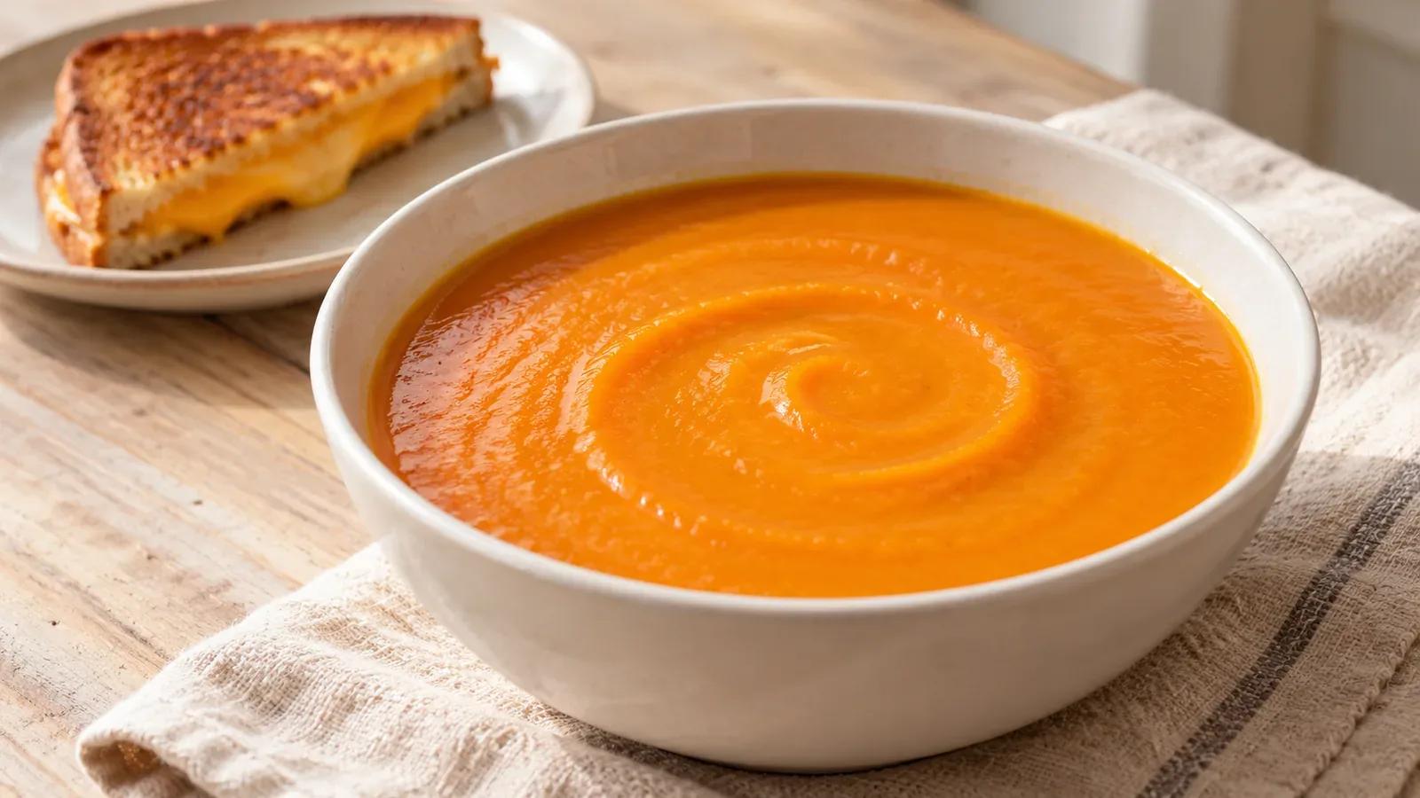 Carrot ginger soup blended smooth in a white bowl beside a grilled cheese triangle.