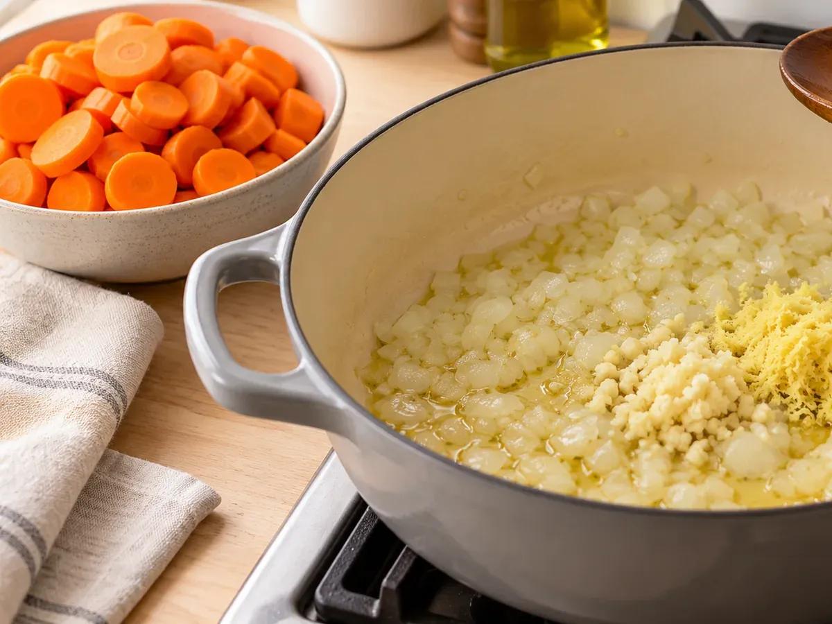 Soften the aromatics: Carrot Ginger Soup