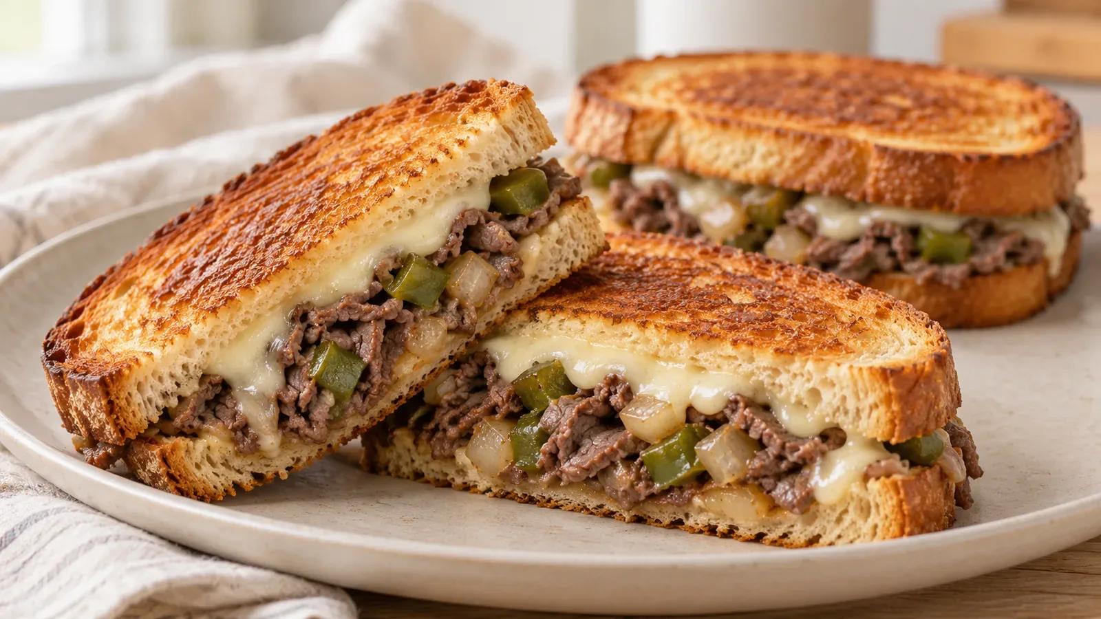 Cheesesteak grilled cheese cut to show shaved beef, green pepper, onion, and melted provolone.