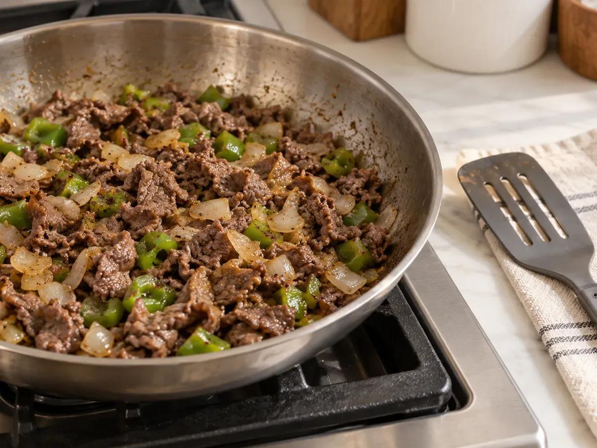 Cook and rest the filling: Cheesesteak Grilled Cheese