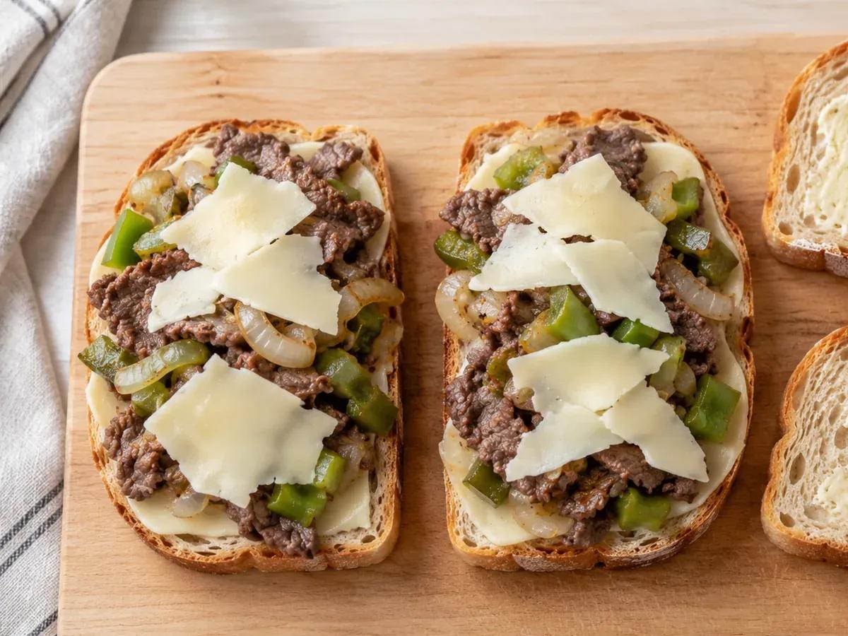 Layer the sandwiches: Cheesesteak Grilled Cheese
