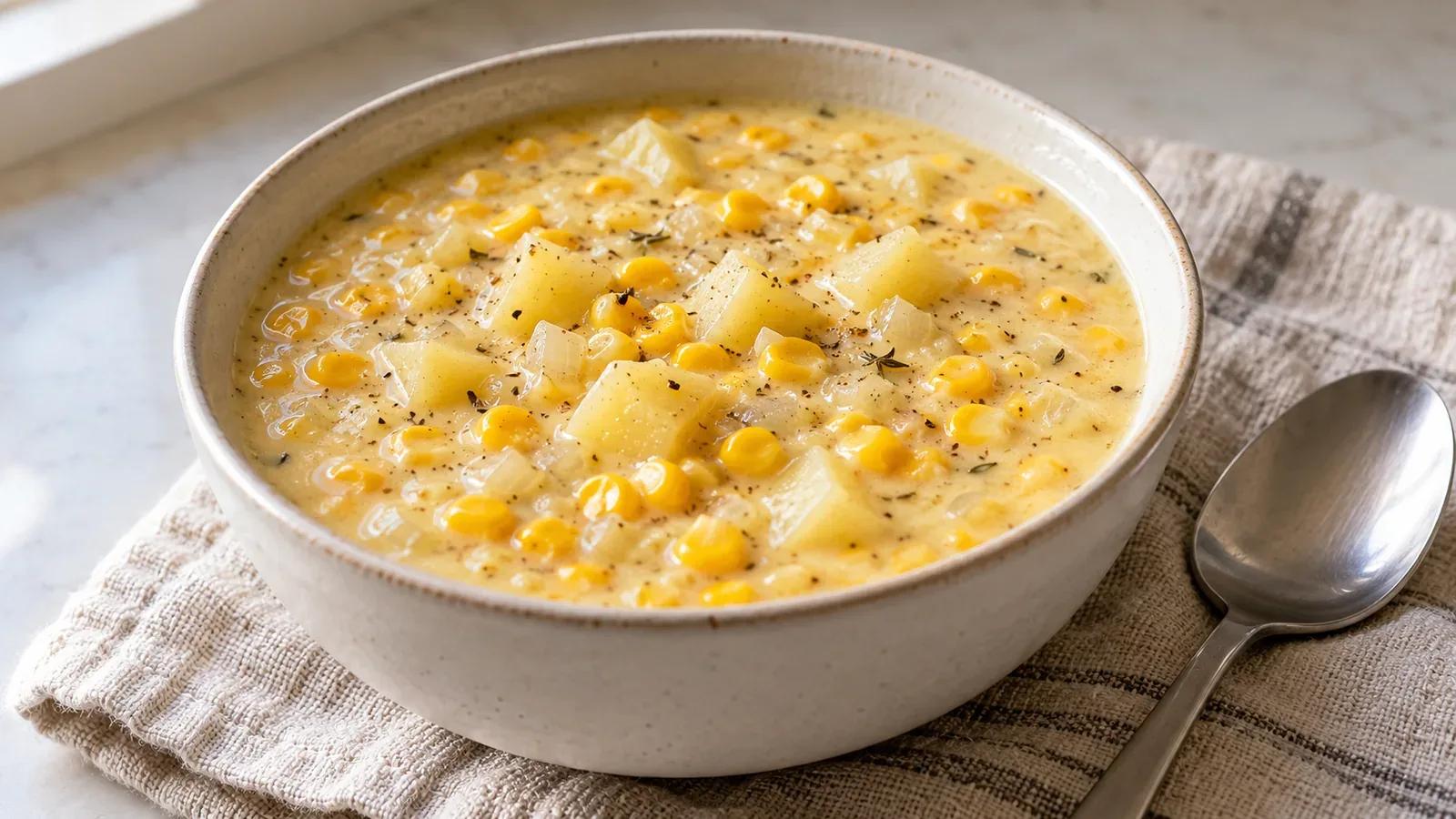 Corn chowder with yellow sweet corn and tender potato cubes in a creamy milk broth.