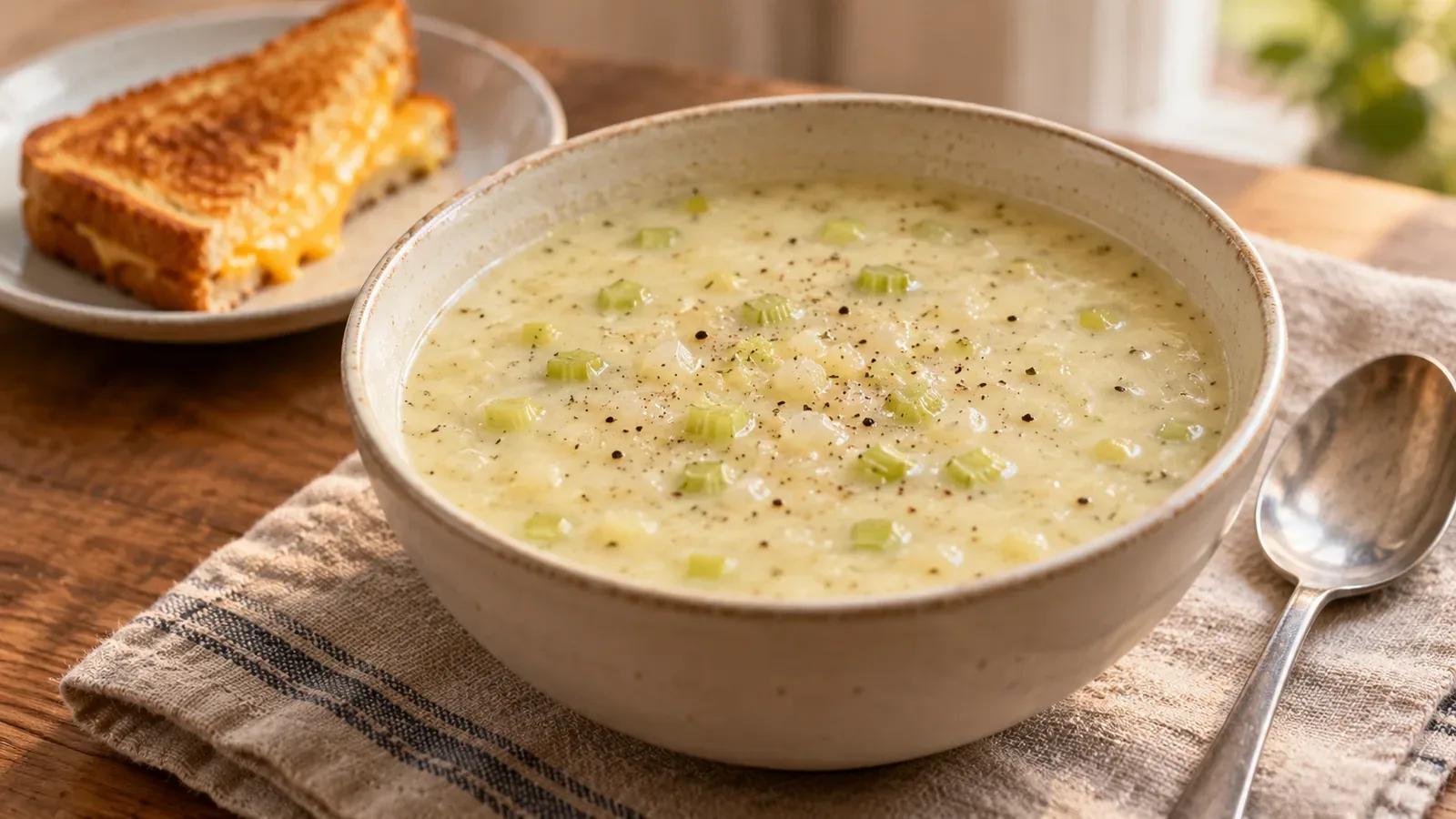 Cream of celery soup with small tender celery pieces in a ceramic bowl beside grilled cheese.