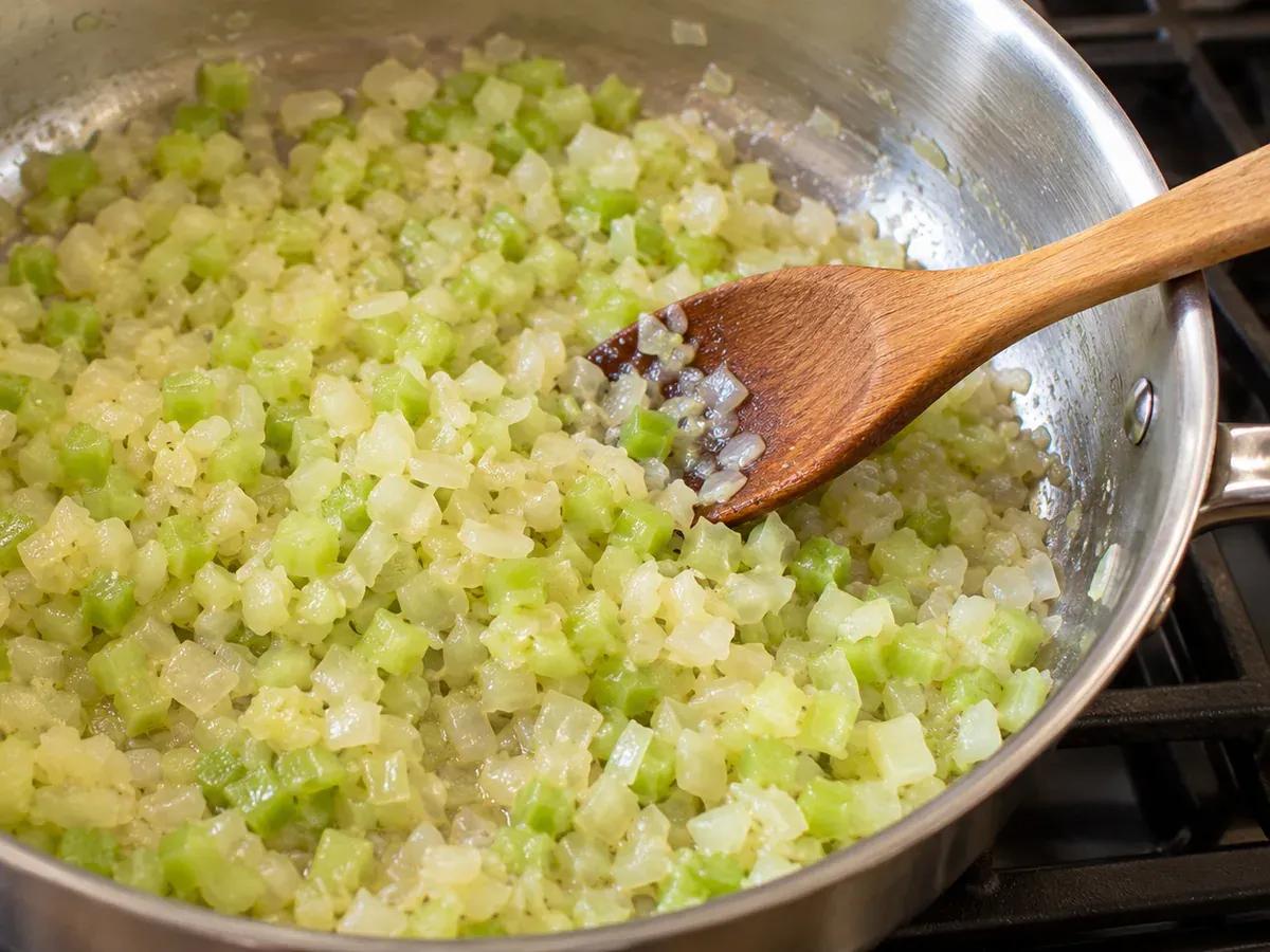 Soften the celery and onion: Cream of Celery Soup
