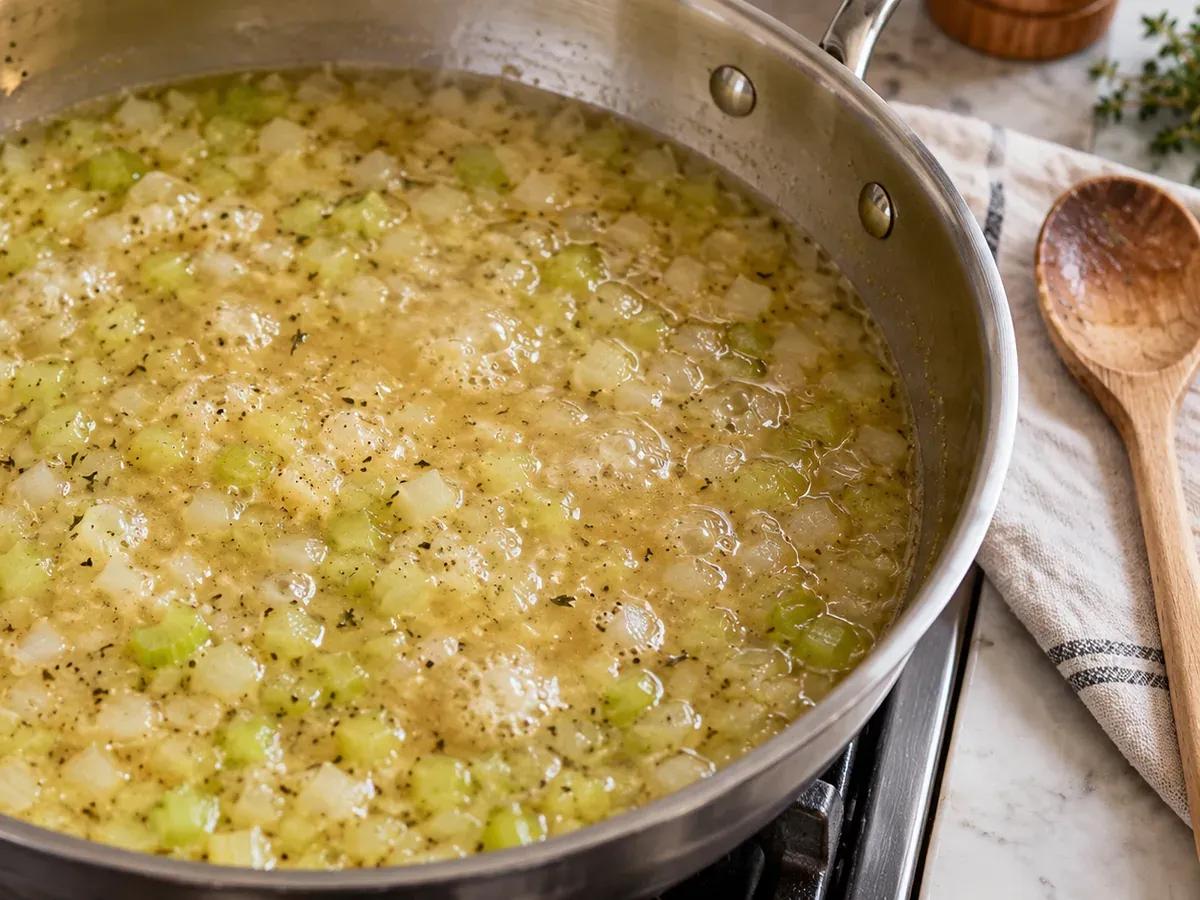 Thicken and simmer the broth: Cream of Celery Soup
