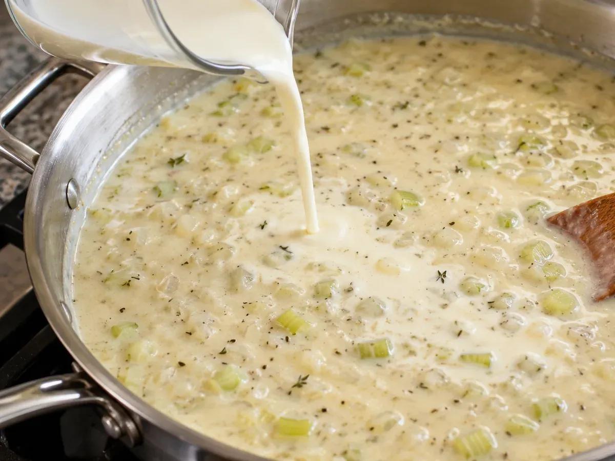 Finish gently with milk and cream: Cream of Celery Soup