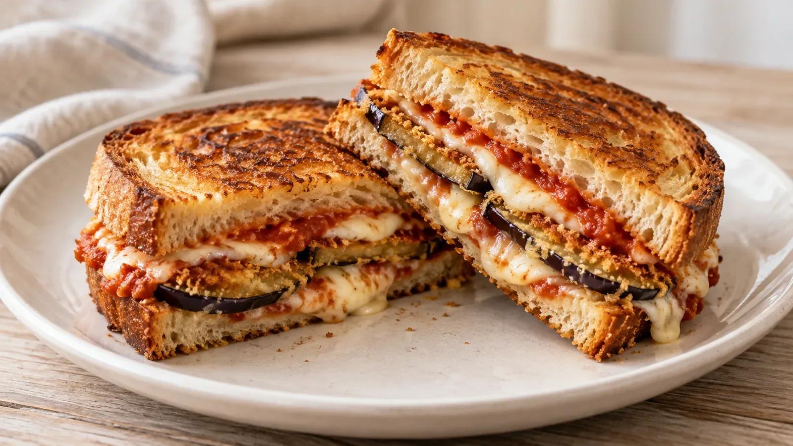 Eggplant Parmesan grilled cheese cut to show tender breaded eggplant, marinara, and melted mozzarella.