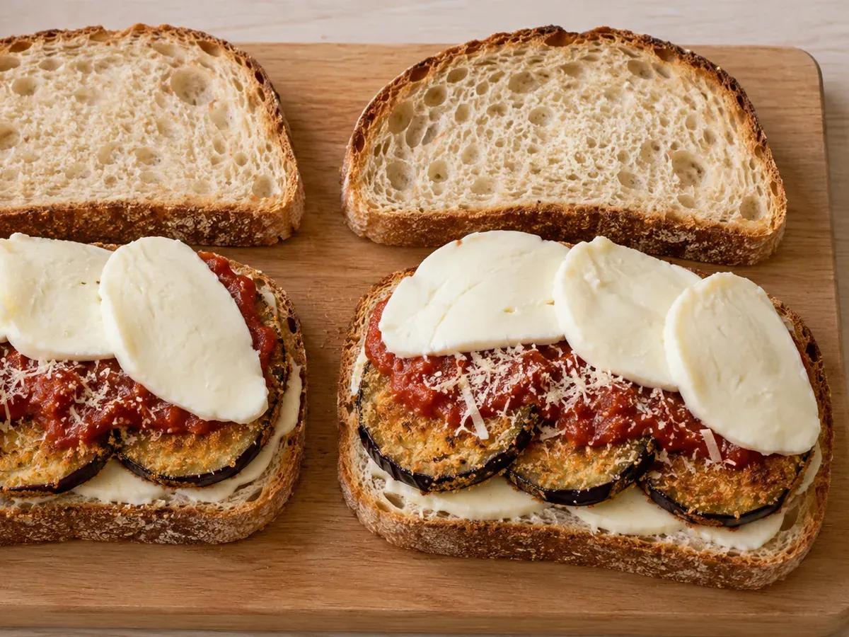 Warm the sauce and layer: Eggplant Parmesan Grilled Cheese