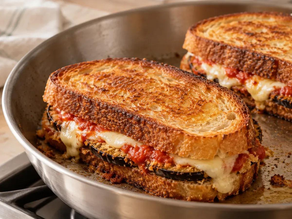 Grill until the cheese melts: Eggplant Parmesan Grilled Cheese