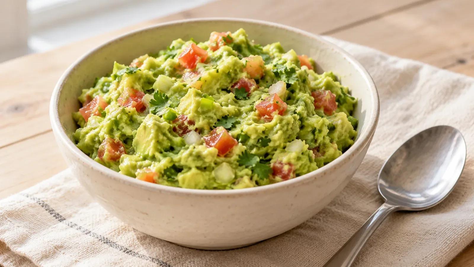 Guacamole with soft avocado chunks, red tomato, white onion, and cilantro in a small bowl.